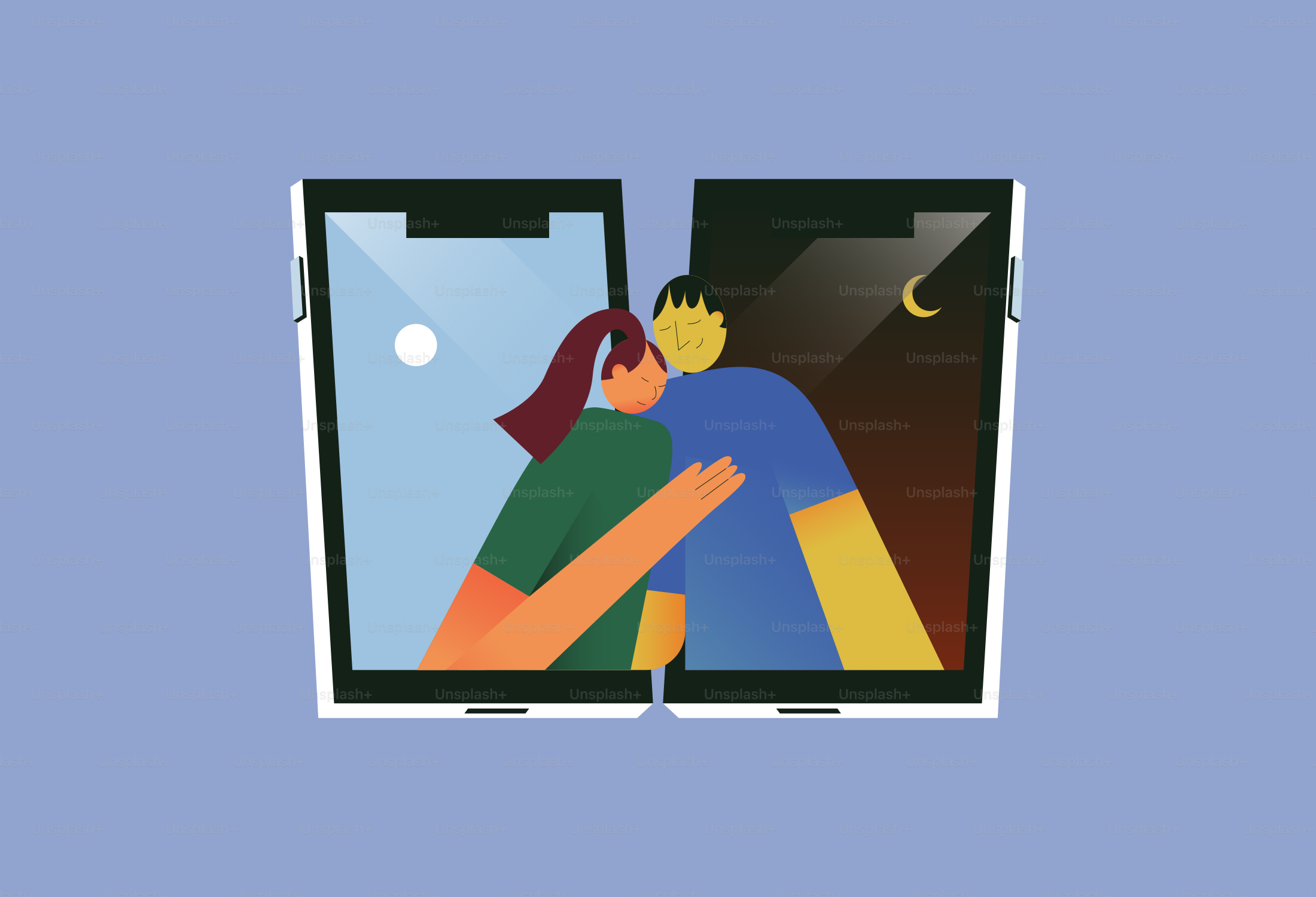 Couple hugging through phone screens, day and night