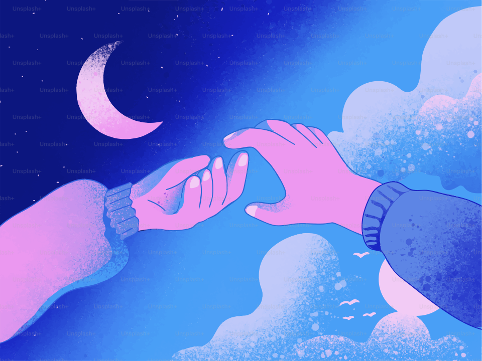 Two hands reaching for each other under the moon