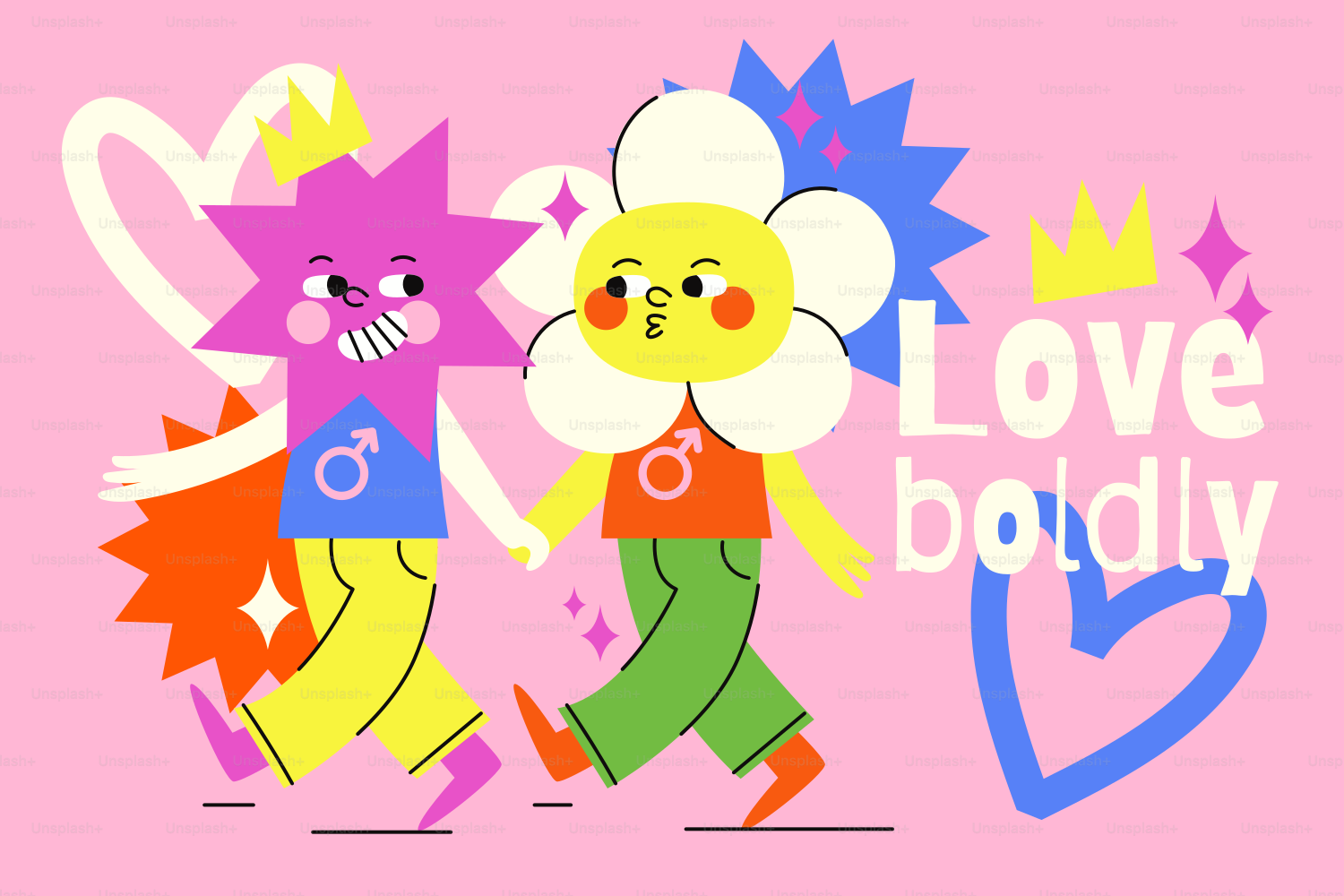 Deux personnages de dessin animé se tenant la main avec « love hardly » écrit.