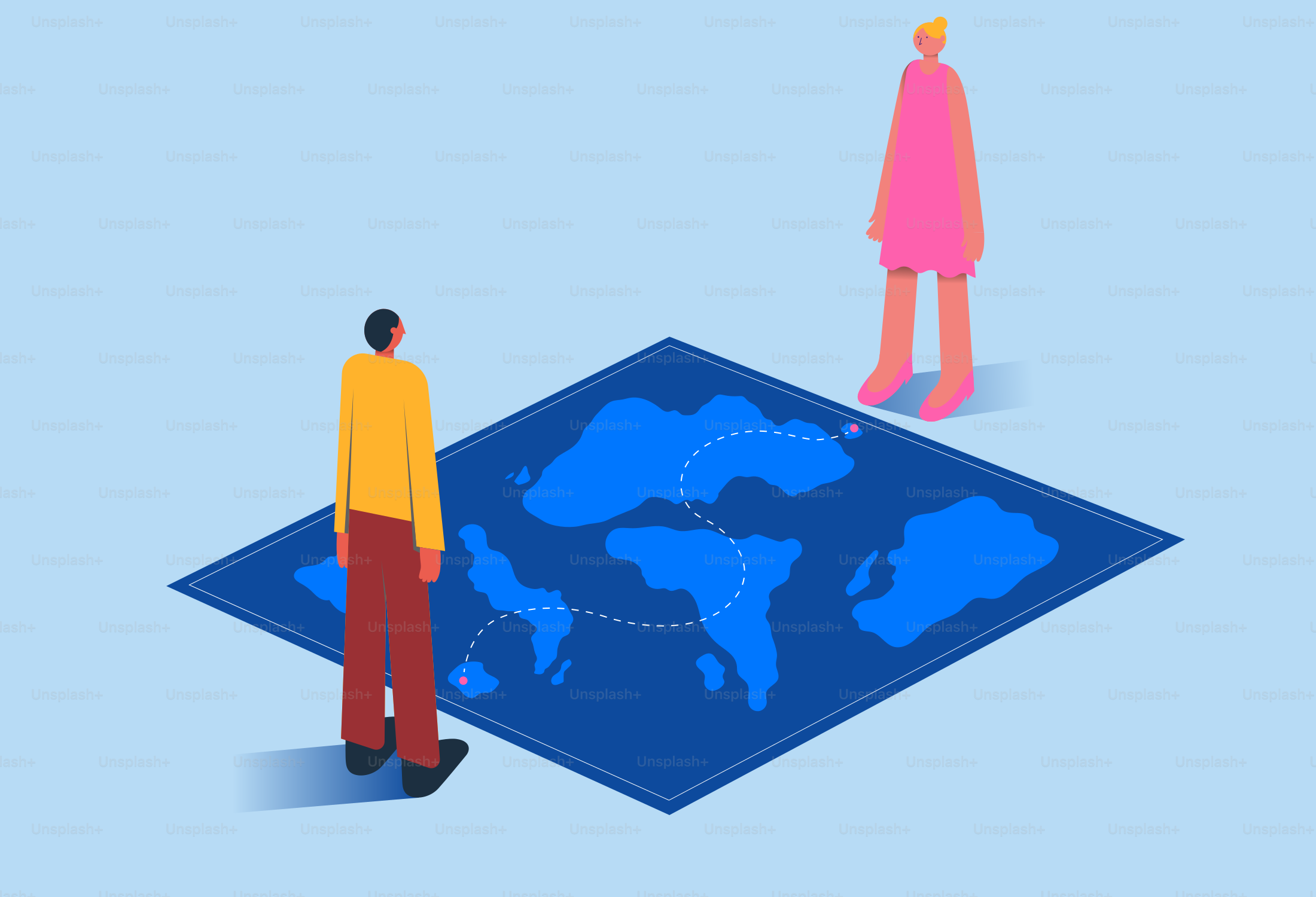 二人がルートのある世界地図を見ている。