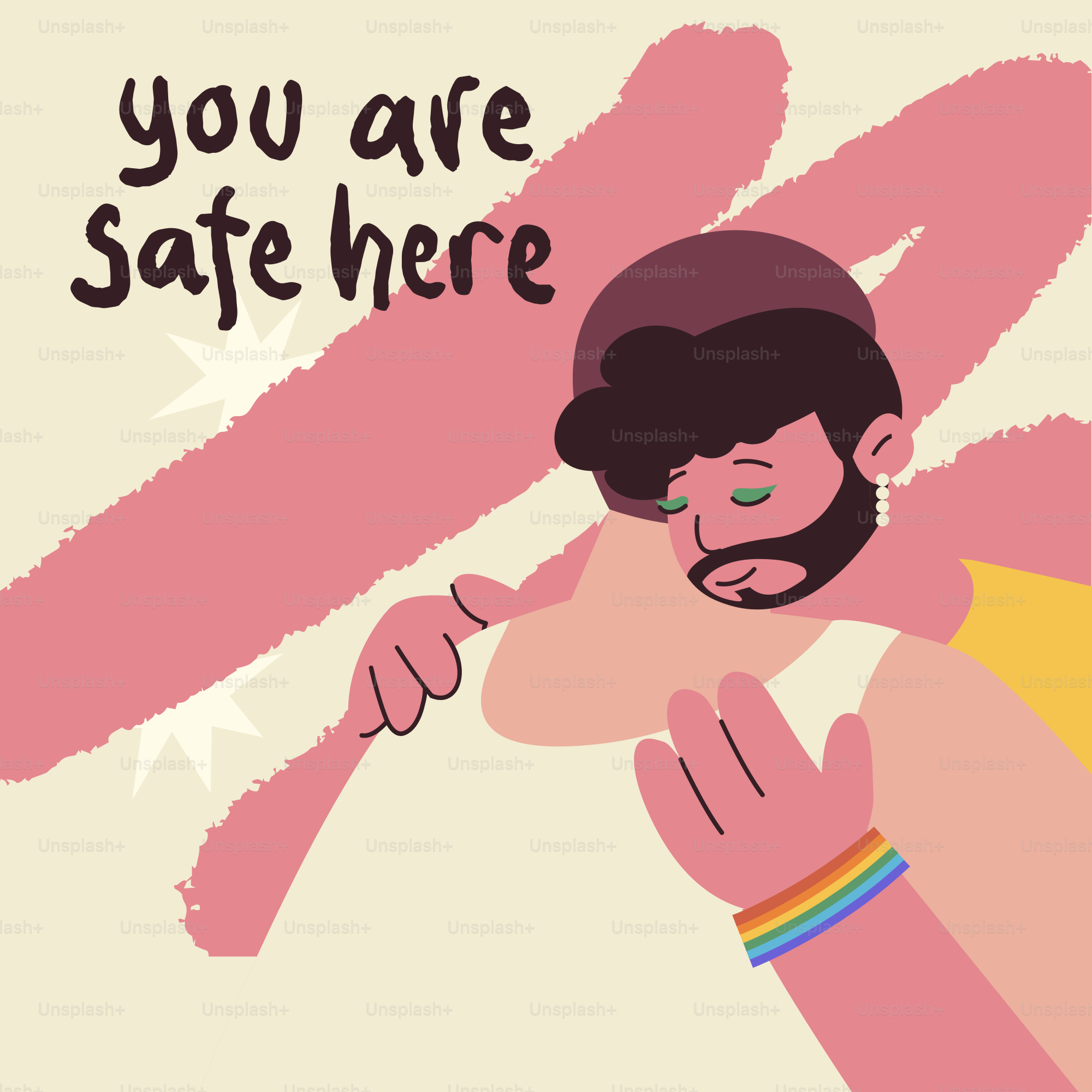 Person with rainbow bracelet saying "you are safe here"