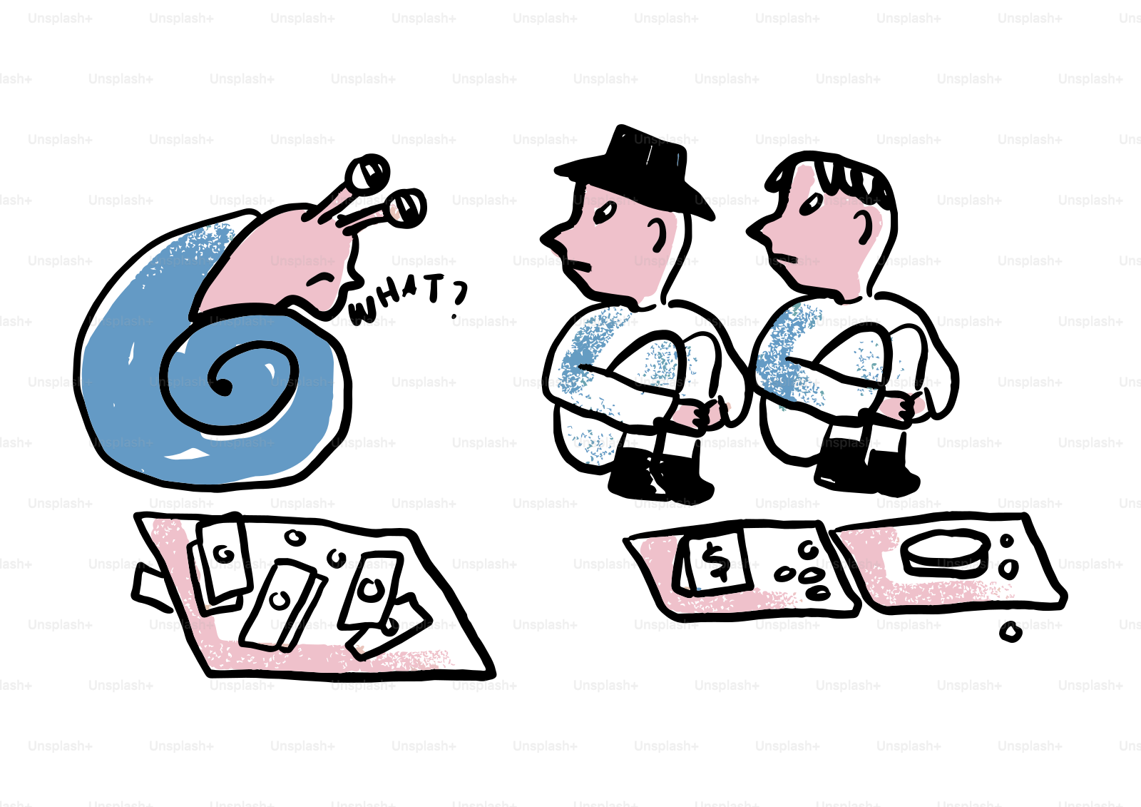 Um caracol pergunta 'o quê?' pergunta duas pessoas nas barracas