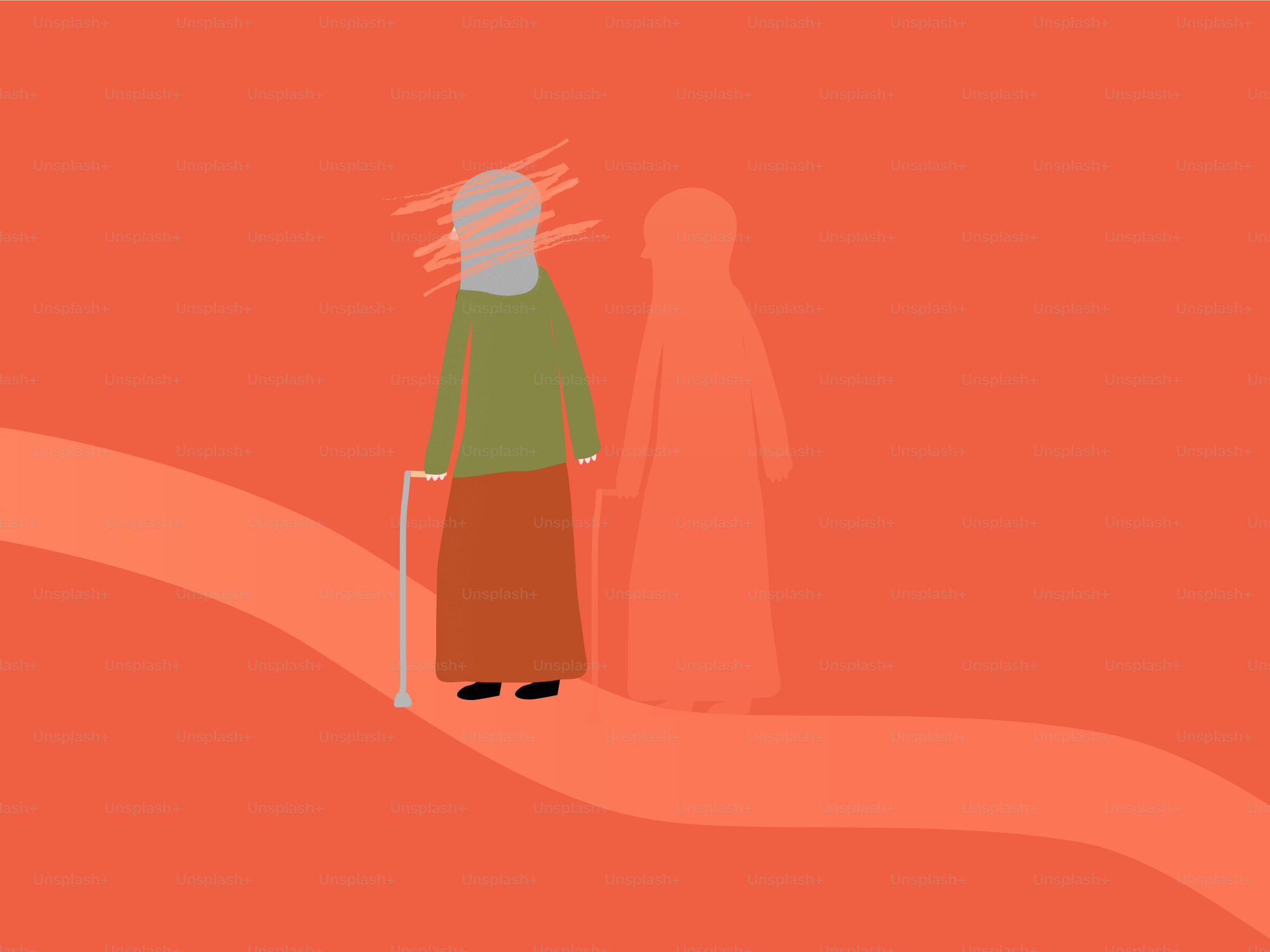 Personne âgée avec canne et ombre sur fond orange