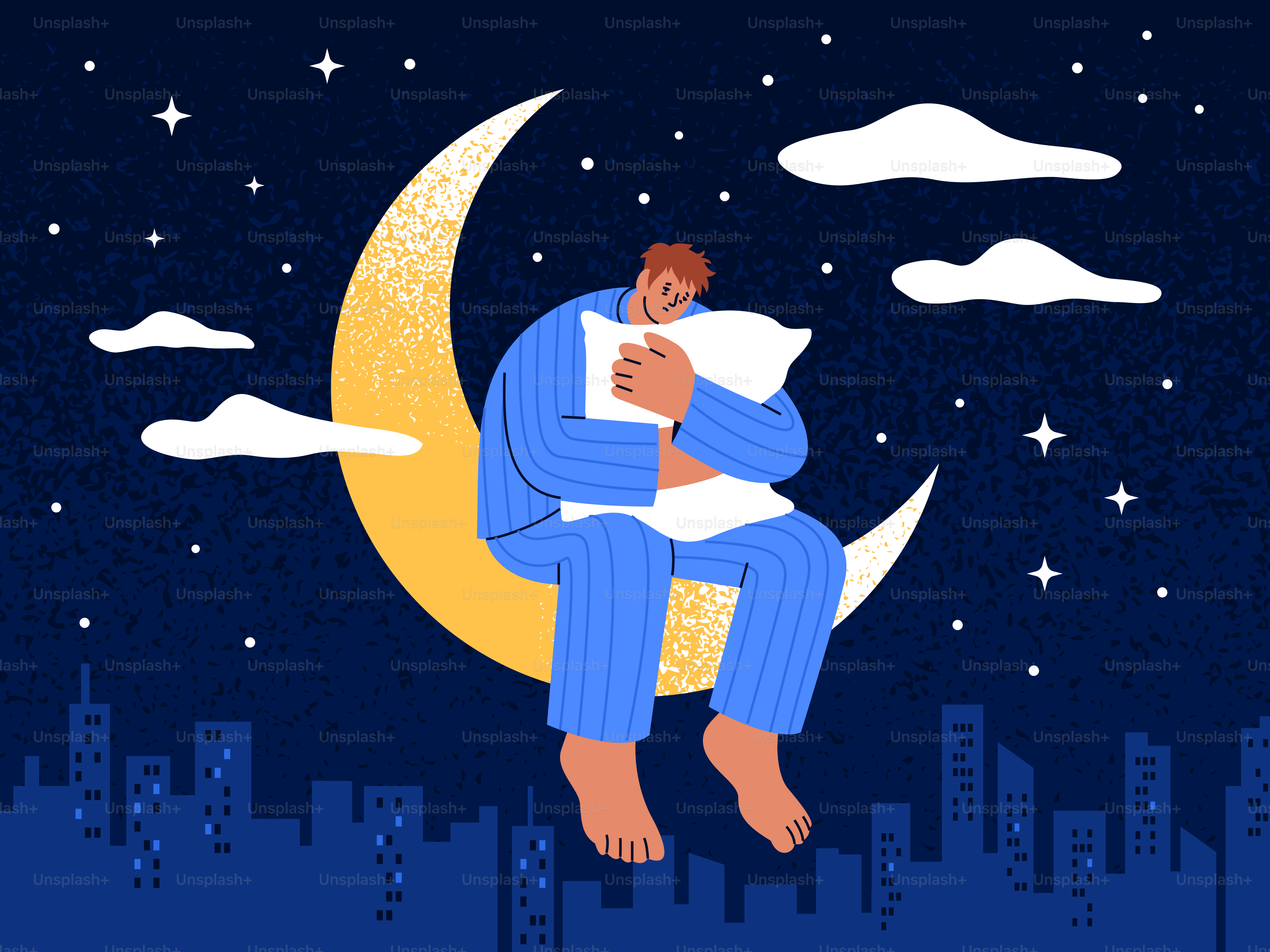 Man in pajamas hugging pillow on crescent moon