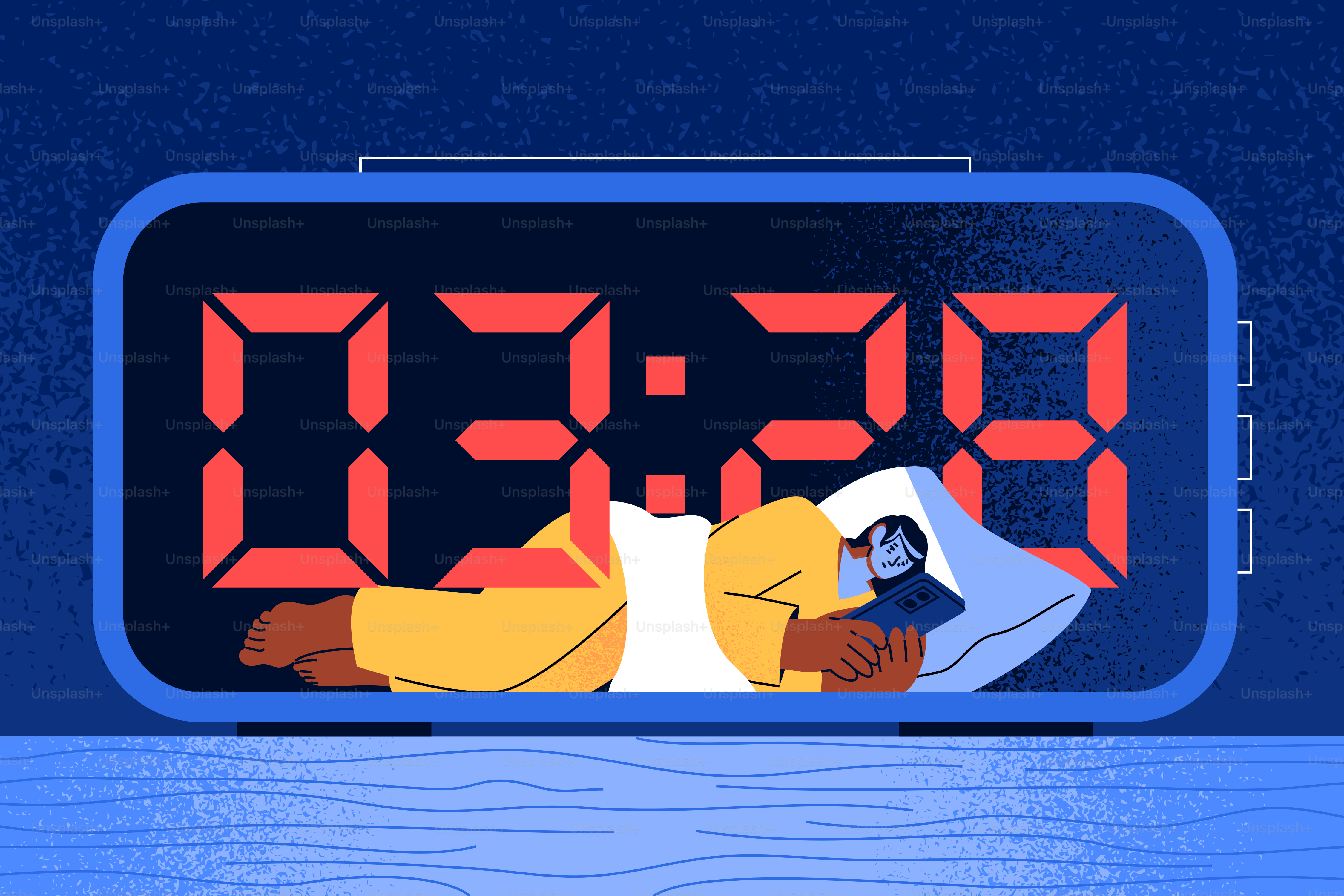 ベッドで寝ている人が、目覚まし時計が03:28を示している