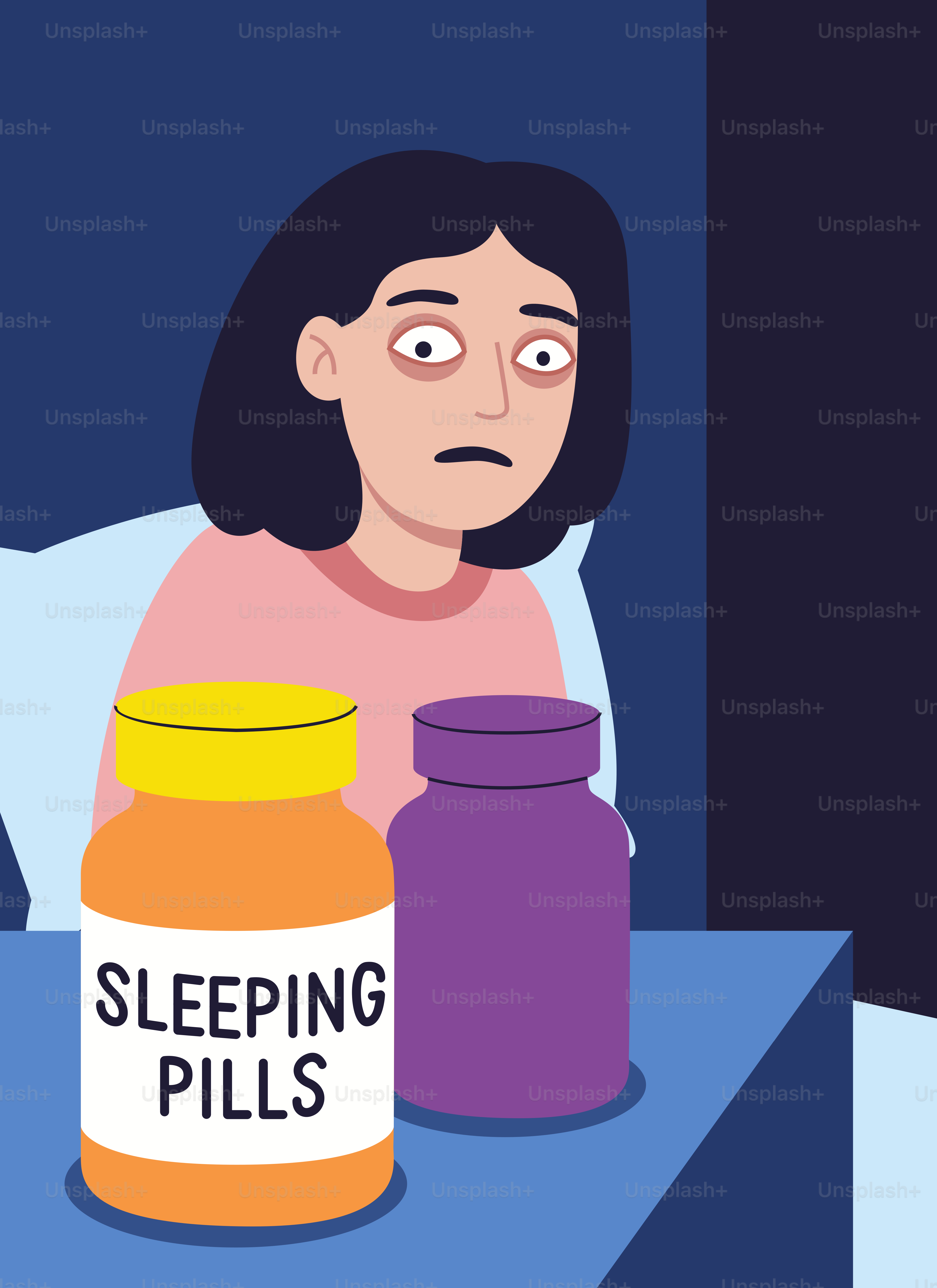 疲れた目をした女性が睡眠薬の瓶のそばに座っている。