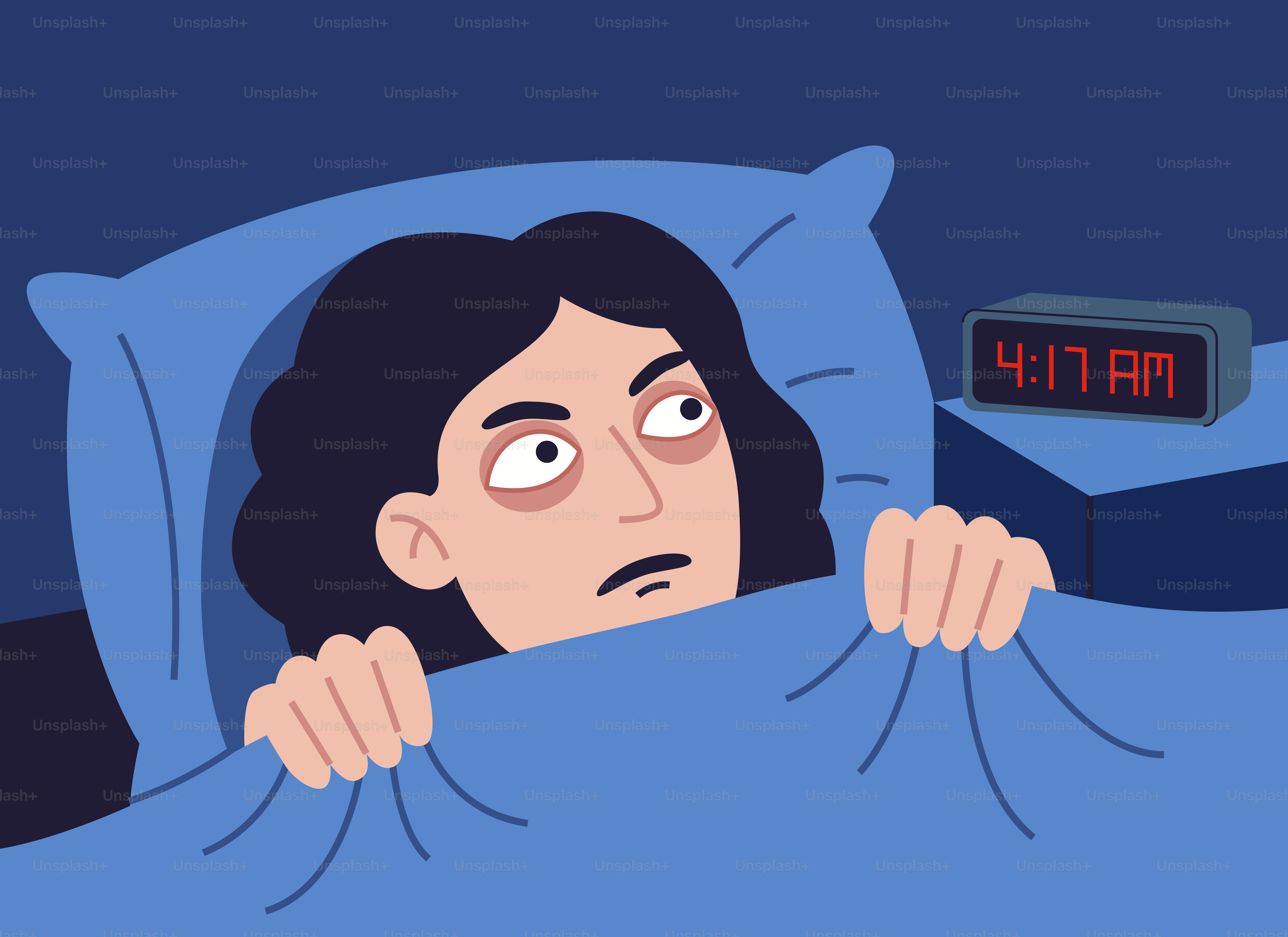 Woman with dark circles under eyes awake at 4:17 am