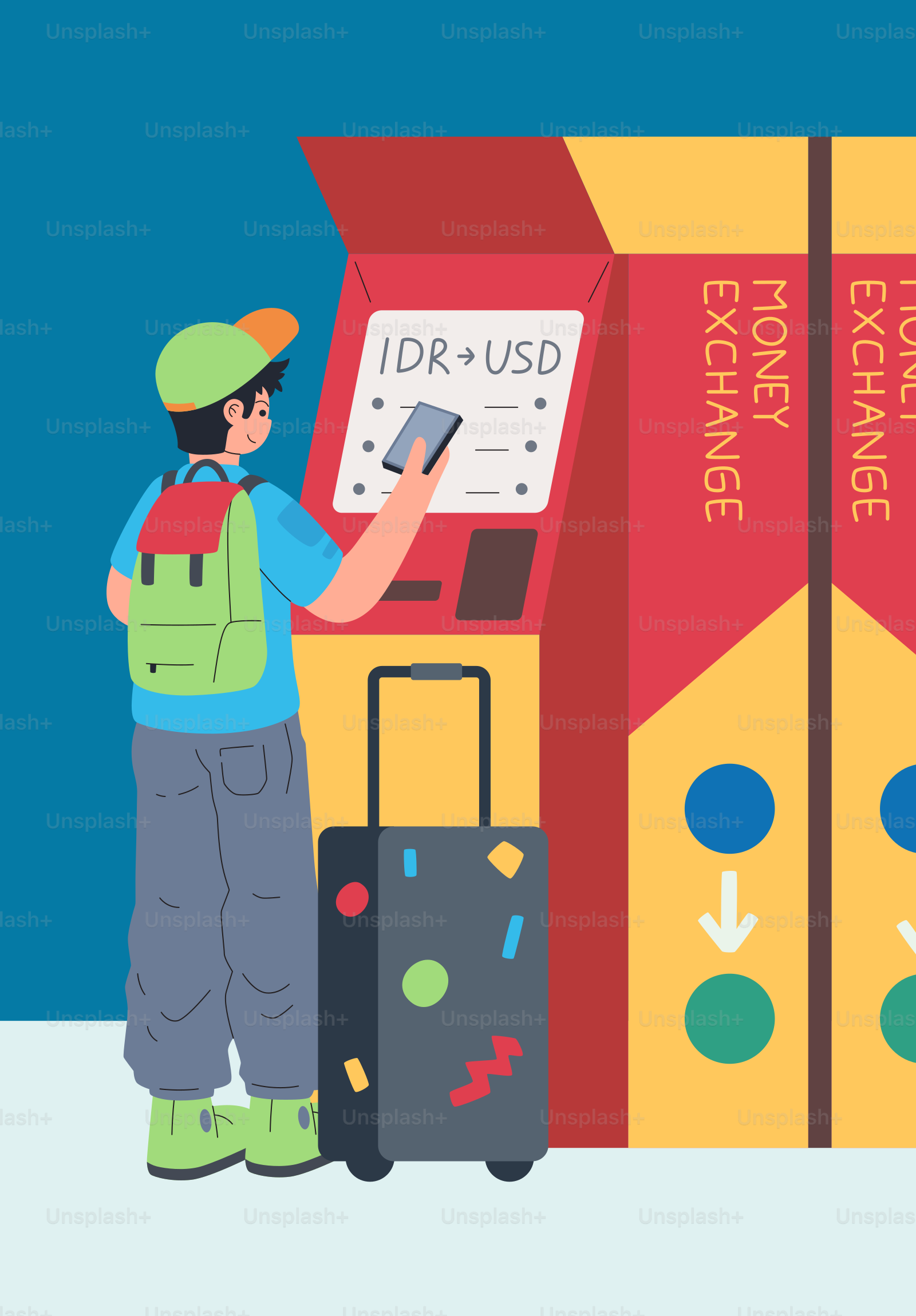 Man using money exchange machine with suitcase