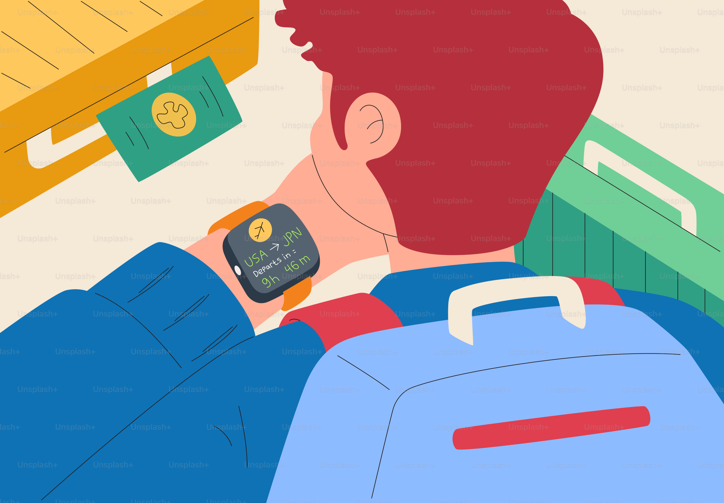 Man checking watch with luggage around him