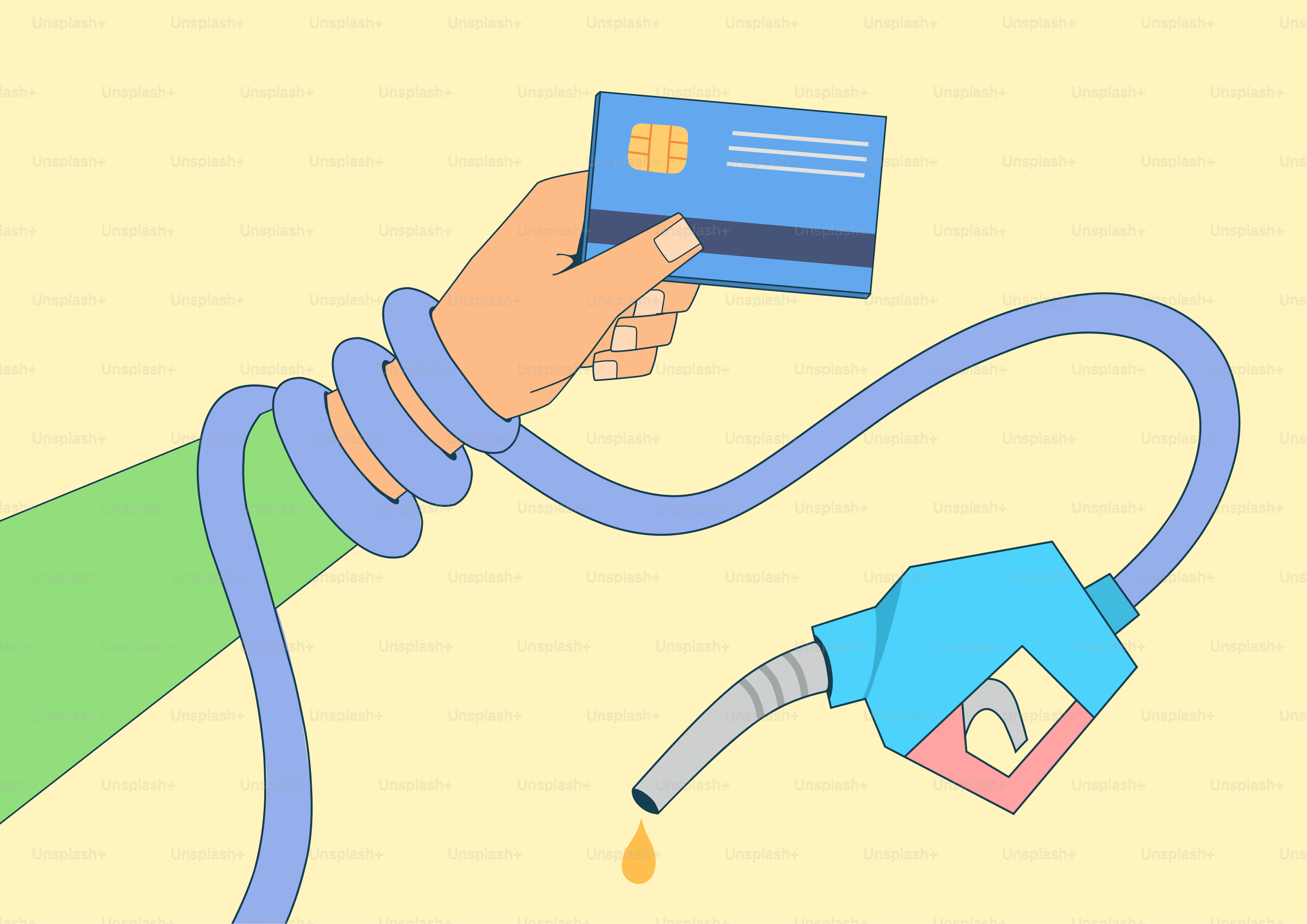 Mano con carta di credito legata con un tubo del carburante