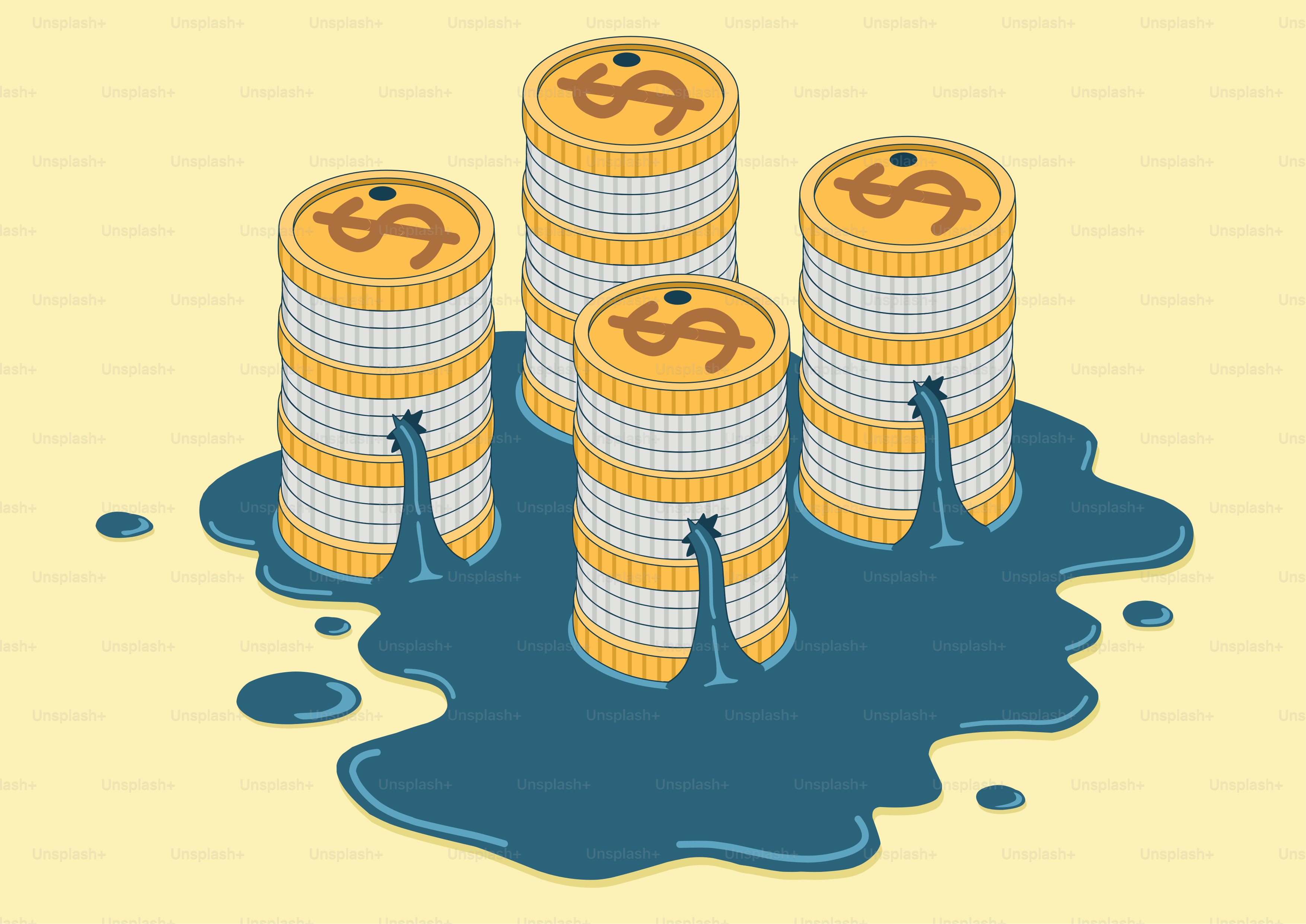 Stacks of coins with dollar signs leaking oil