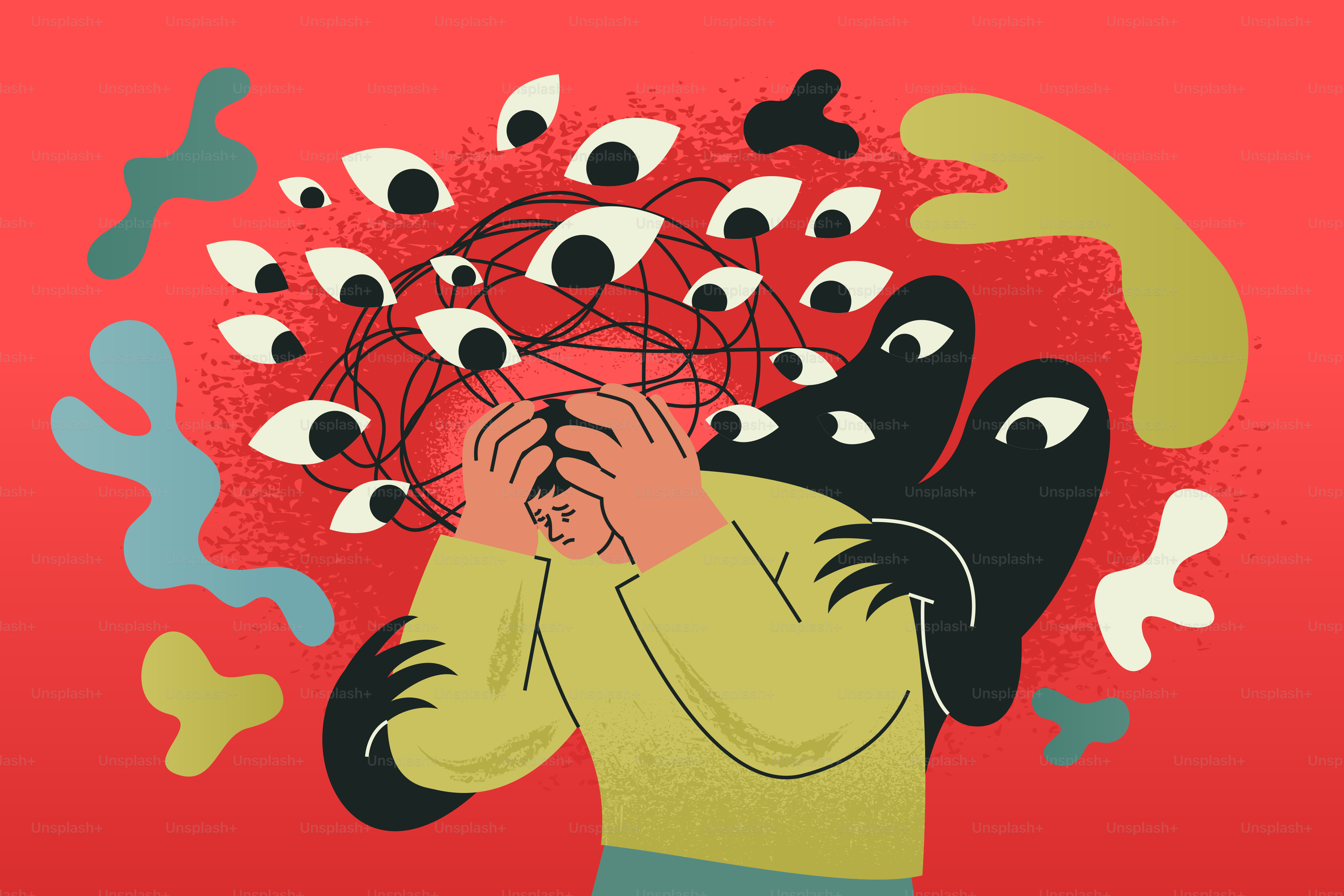 Personne submergée par de nombreux yeux et formes sombres