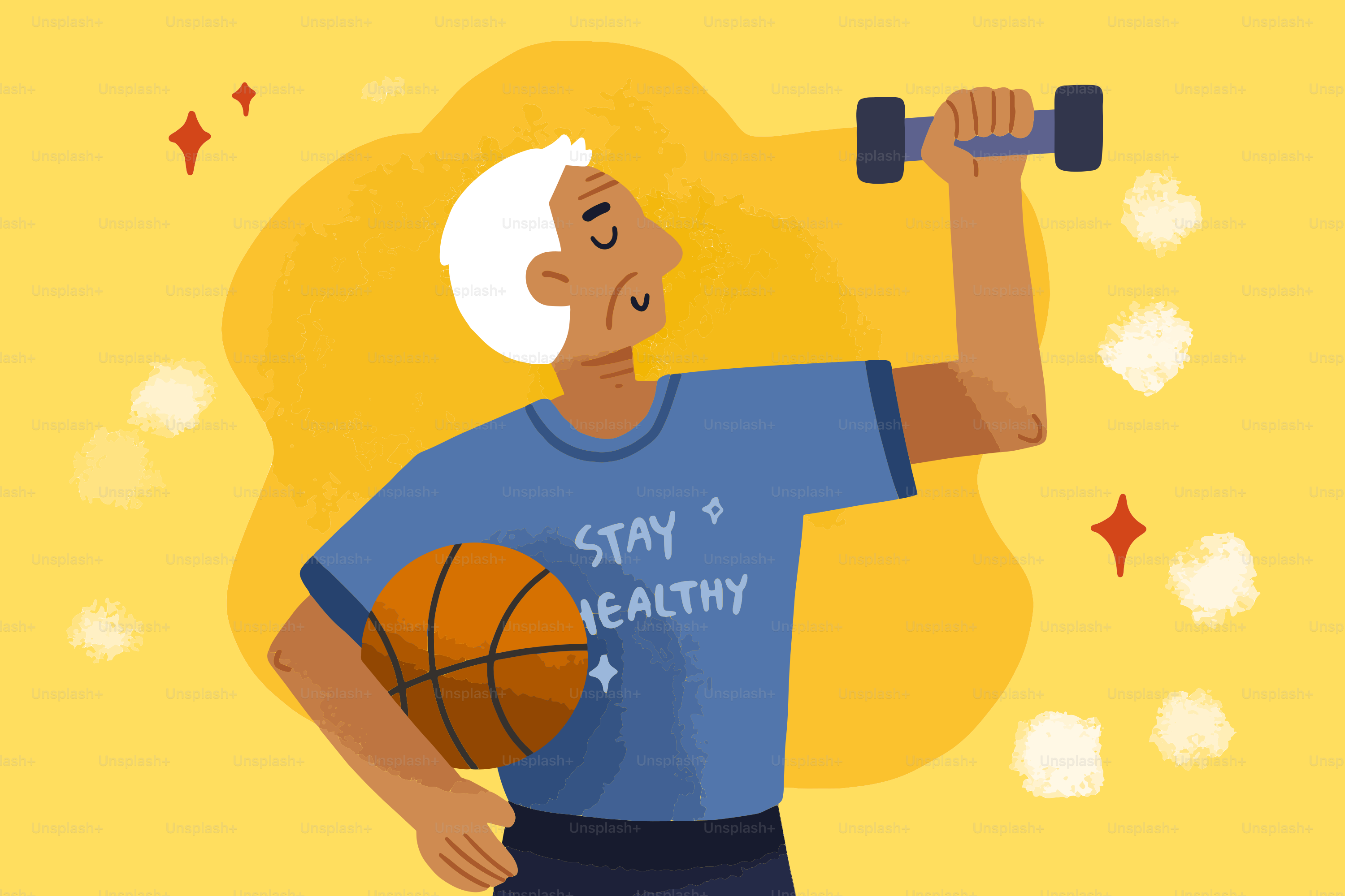 Orang tua memegang bola basket dan mengangkat dumbbell