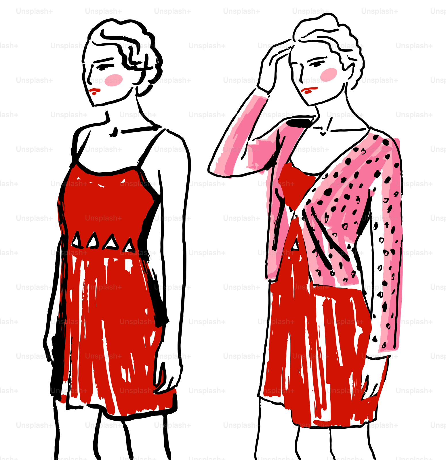 Dos mujeres con vestidos rojos, una con un cárdigan rosa.