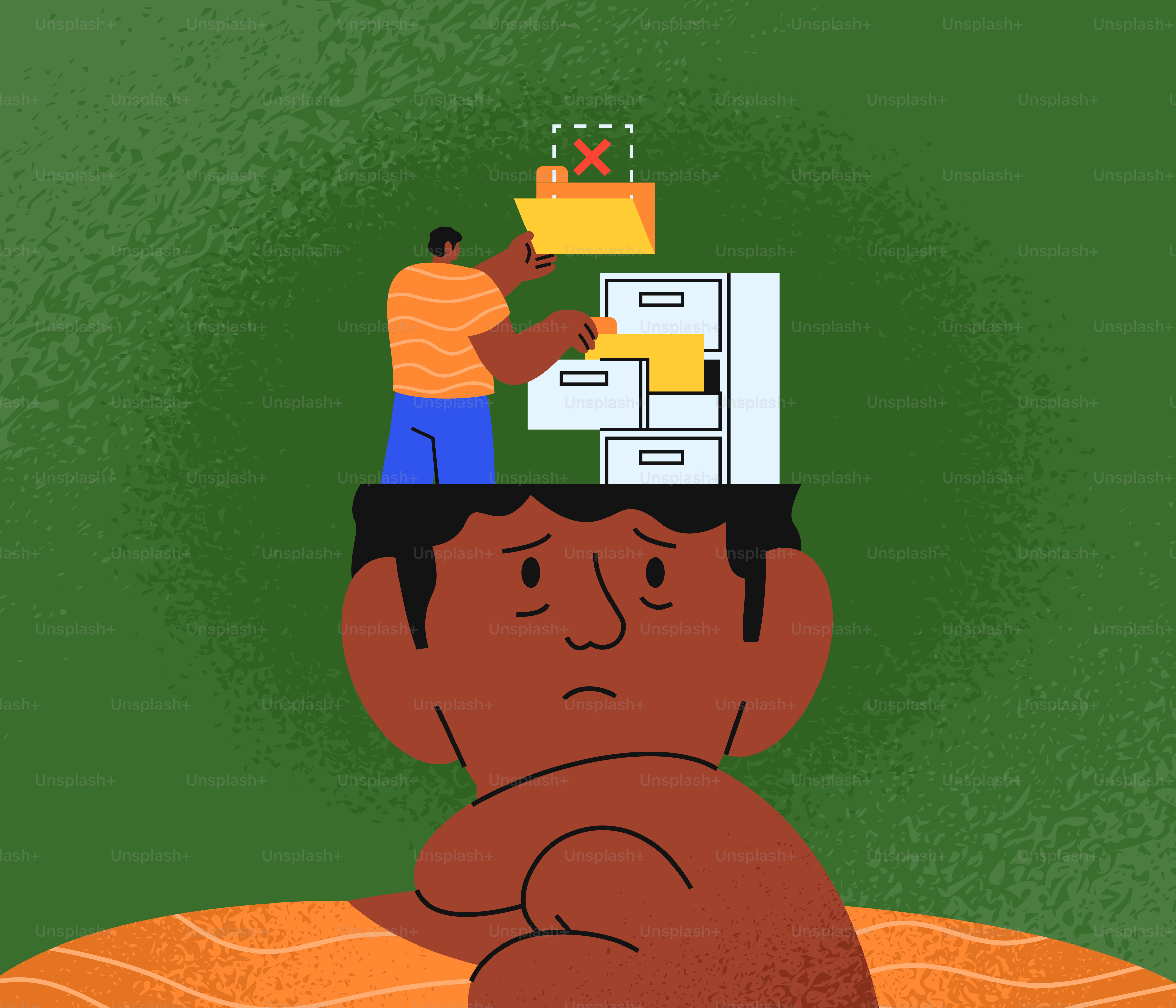 Homme qui organise des dossiers dans sa tête avec une expression triste