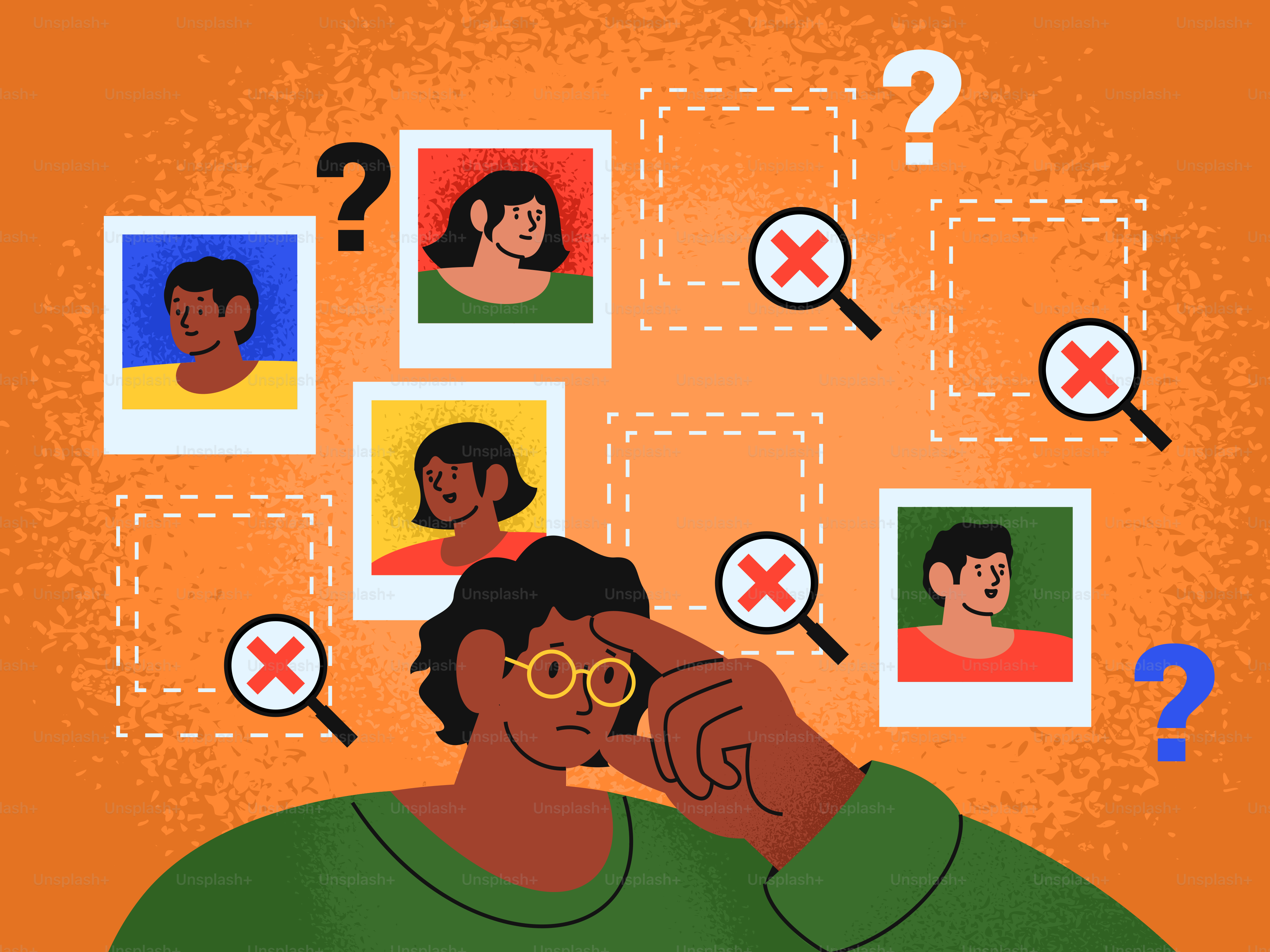 Personne qui pense à des photos de profil avec des points d’interrogation