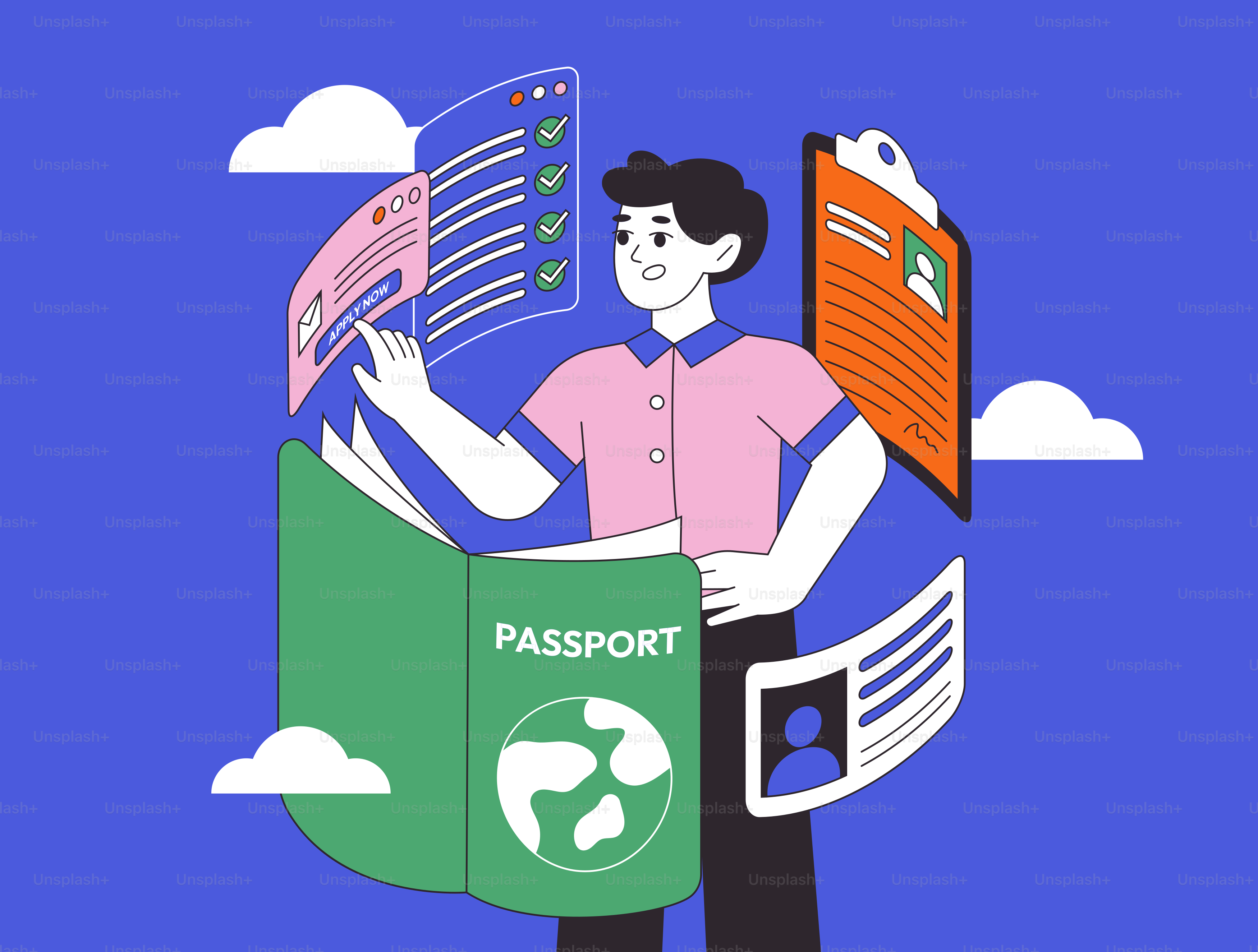 Homem segurando passaporte e documentos pessoais