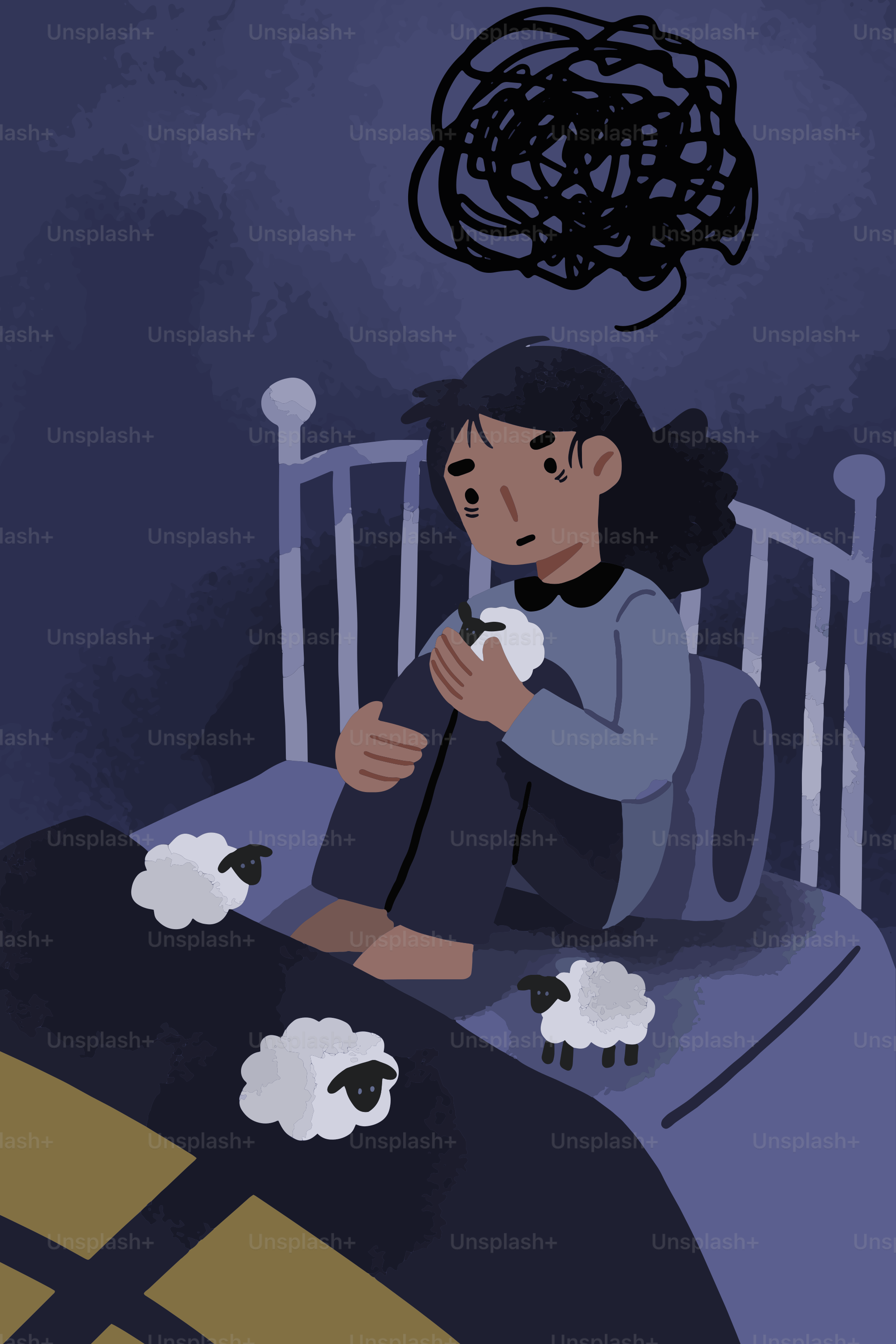 A child sits awake in bed with sheep
