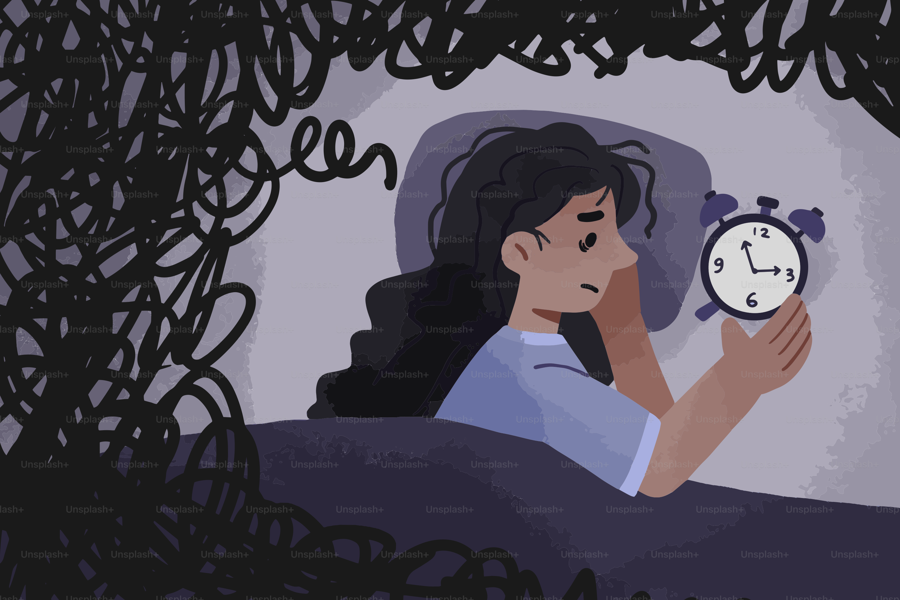 Woman awake in bed, looking at alarm clock.