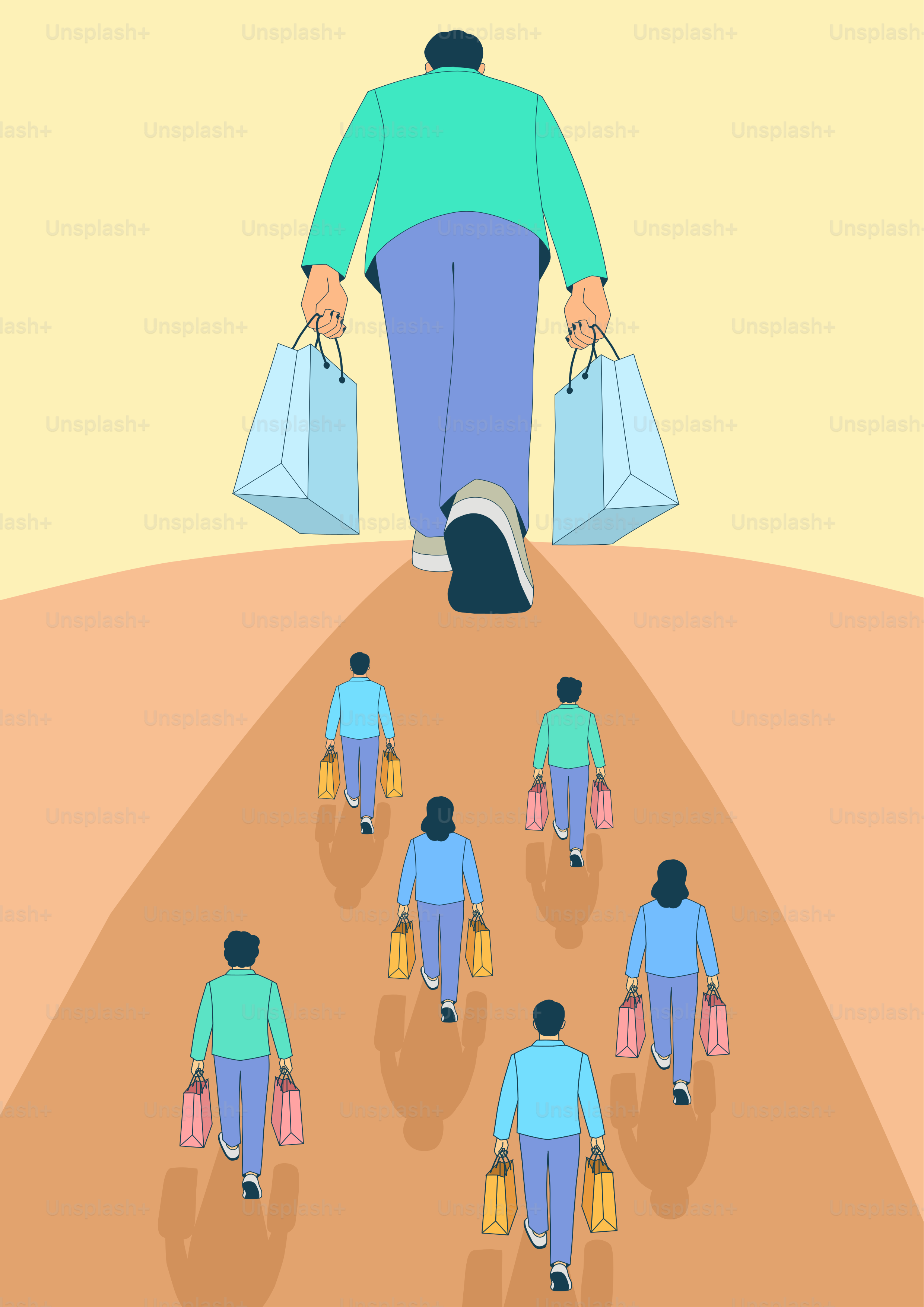 Las personas con bolsas de la compra siguen a un líder