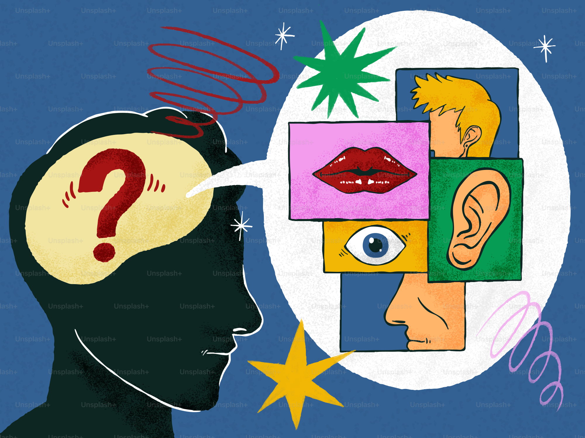 Pessoa pensando nos sentidos com um ponto de interrogação