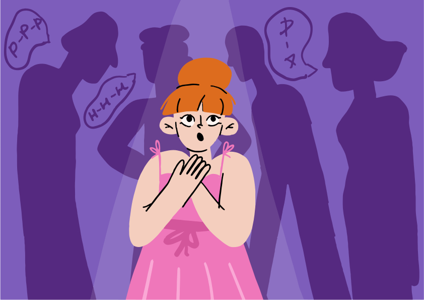 若い女性は影のような人影に囲まれて不安そうな表情をしている