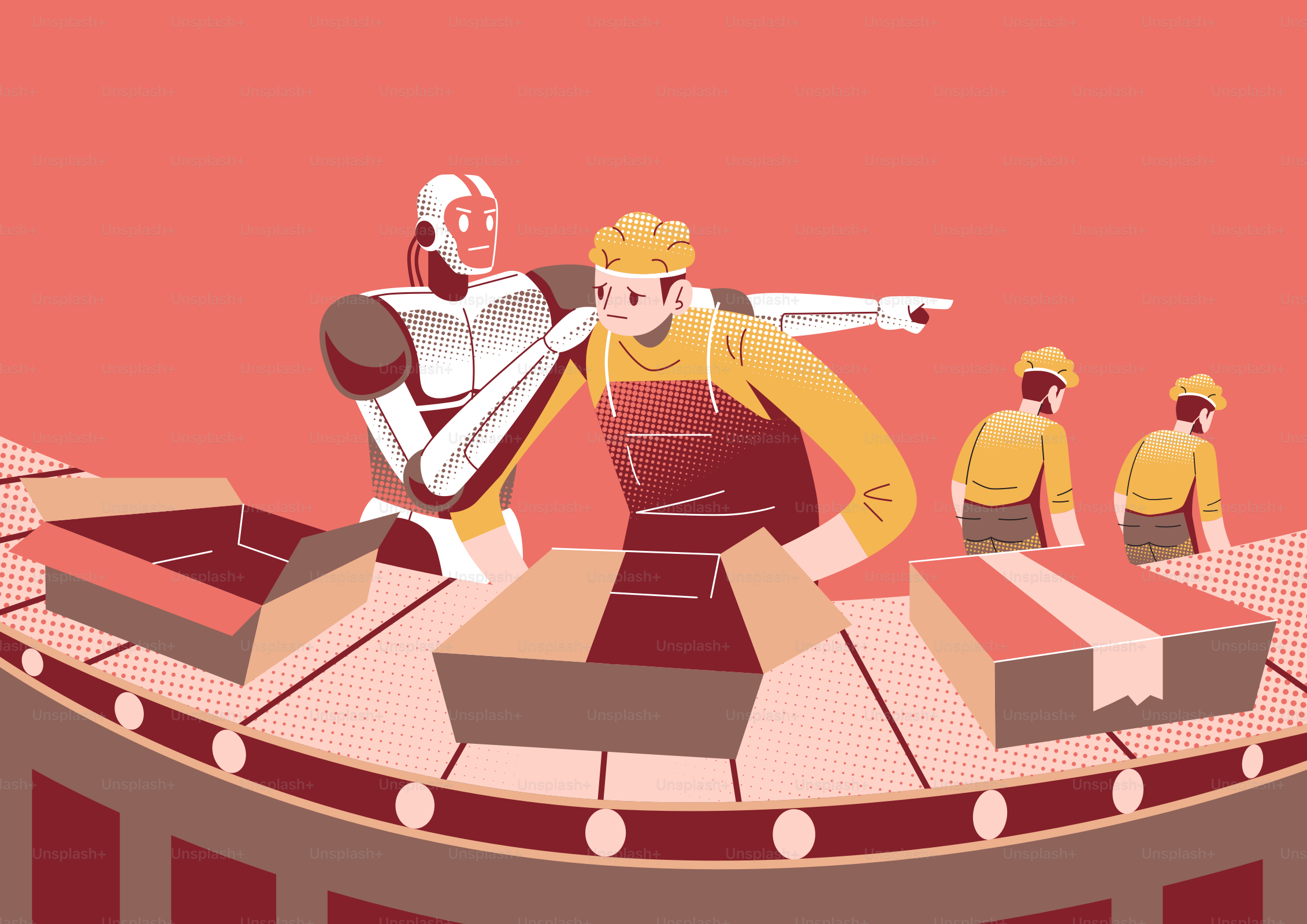Um robô e um trabalhador humano colaboram em uma linha de montagem.