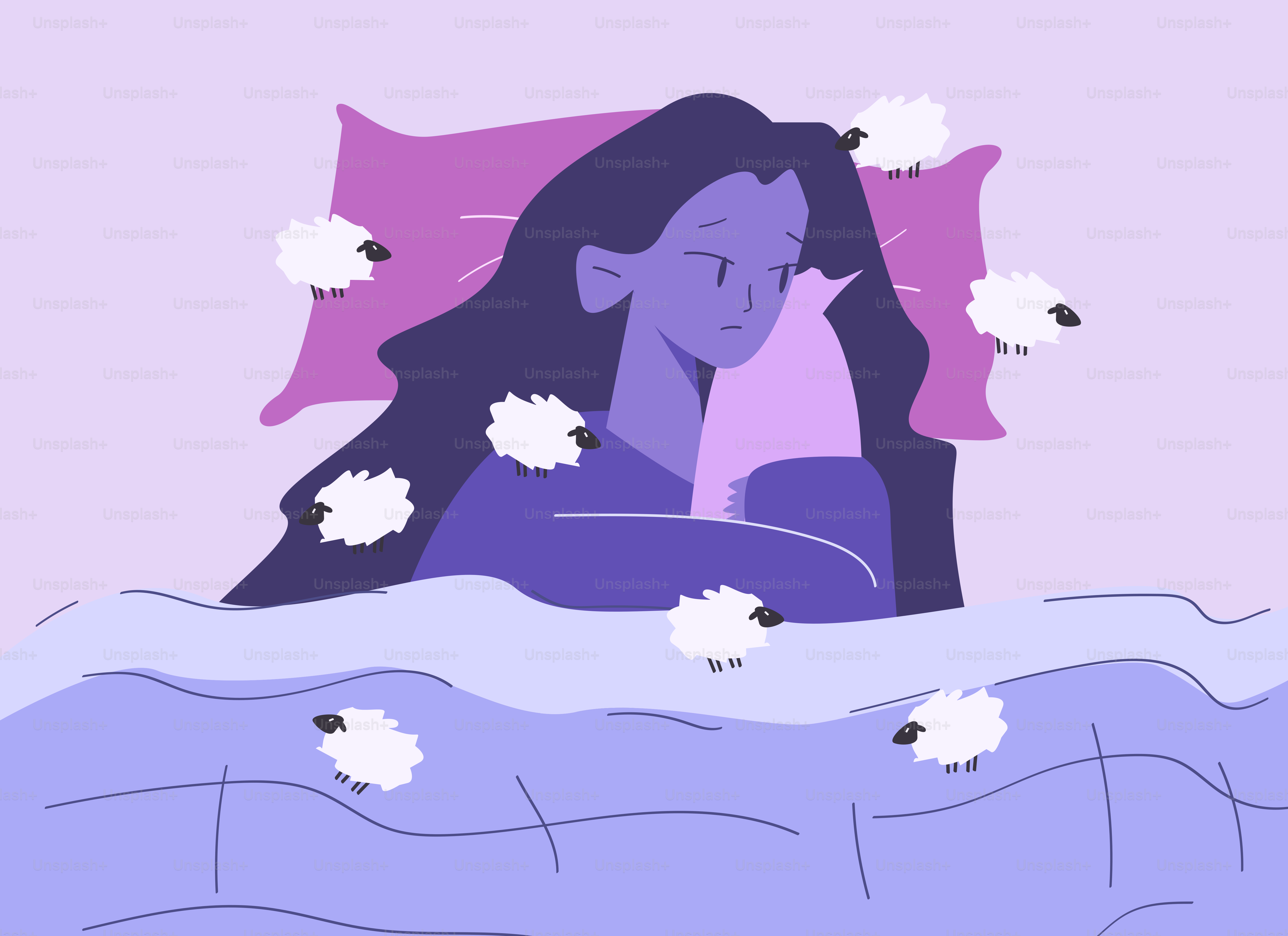 Mulher na cama cercada por ovelhas saltando