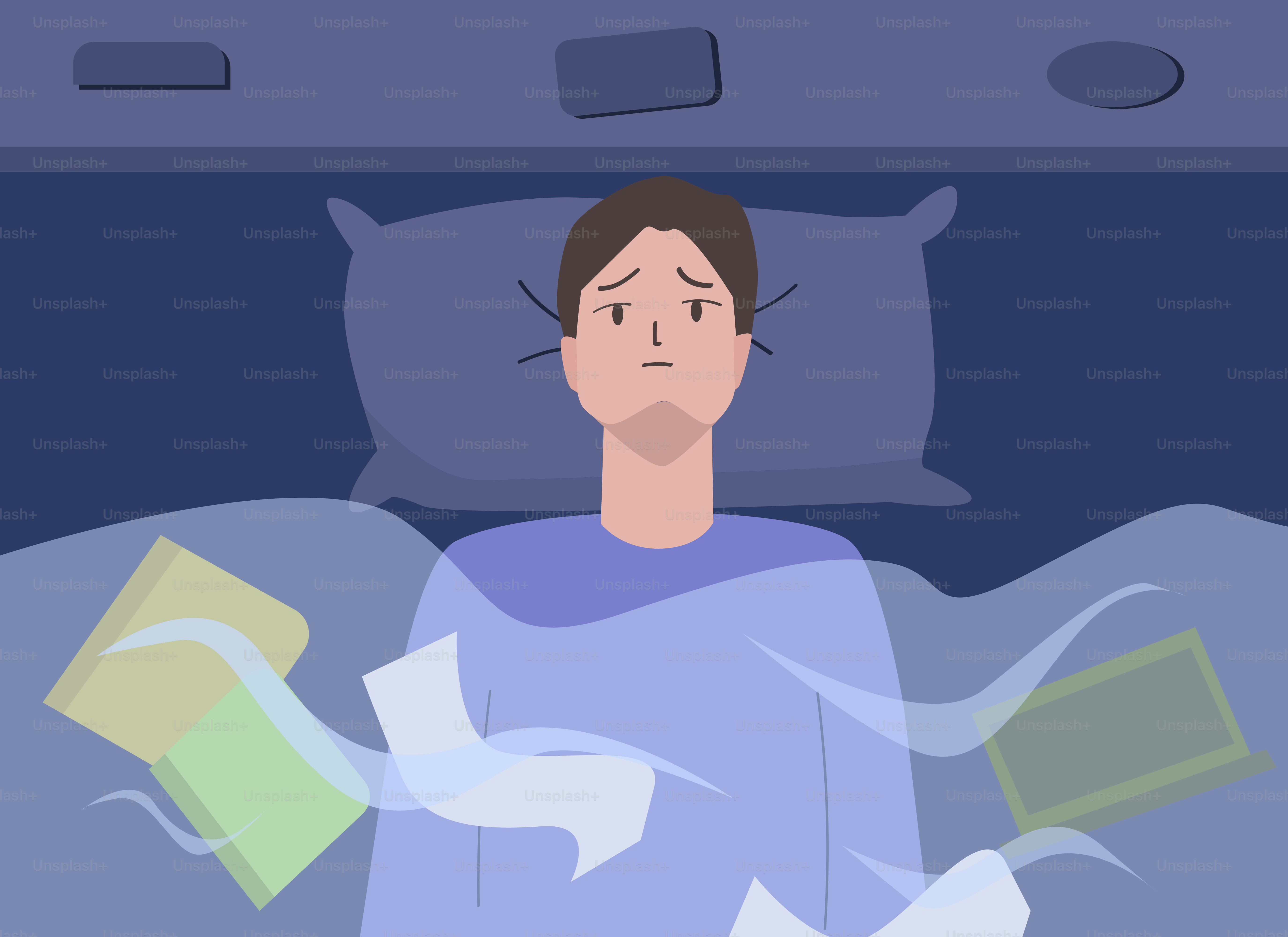 Homem deitado na cama com papéis espalhados ao redor.