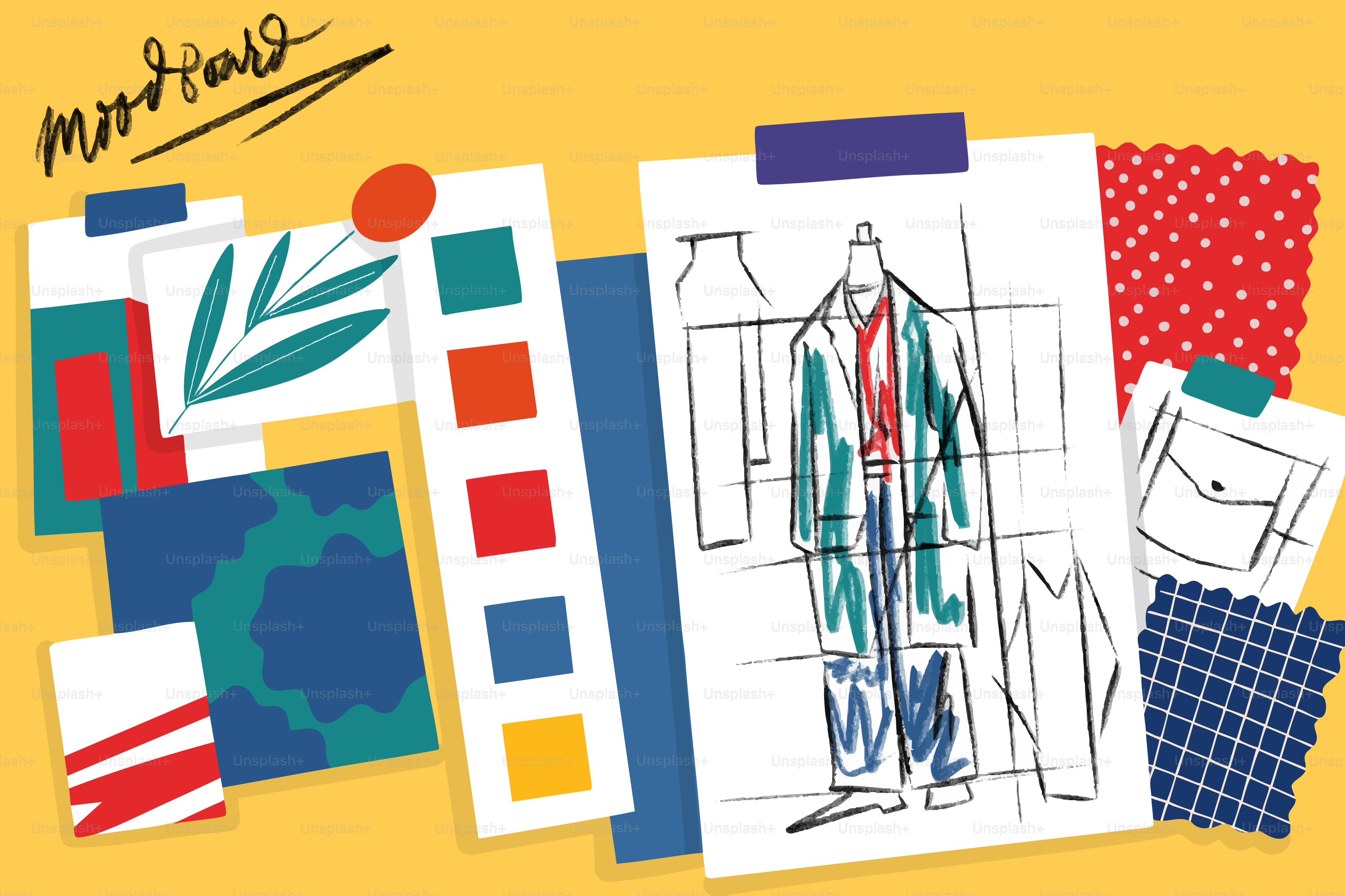 Sketsa desain busana dan contoh kain dengan latar belakang kuning