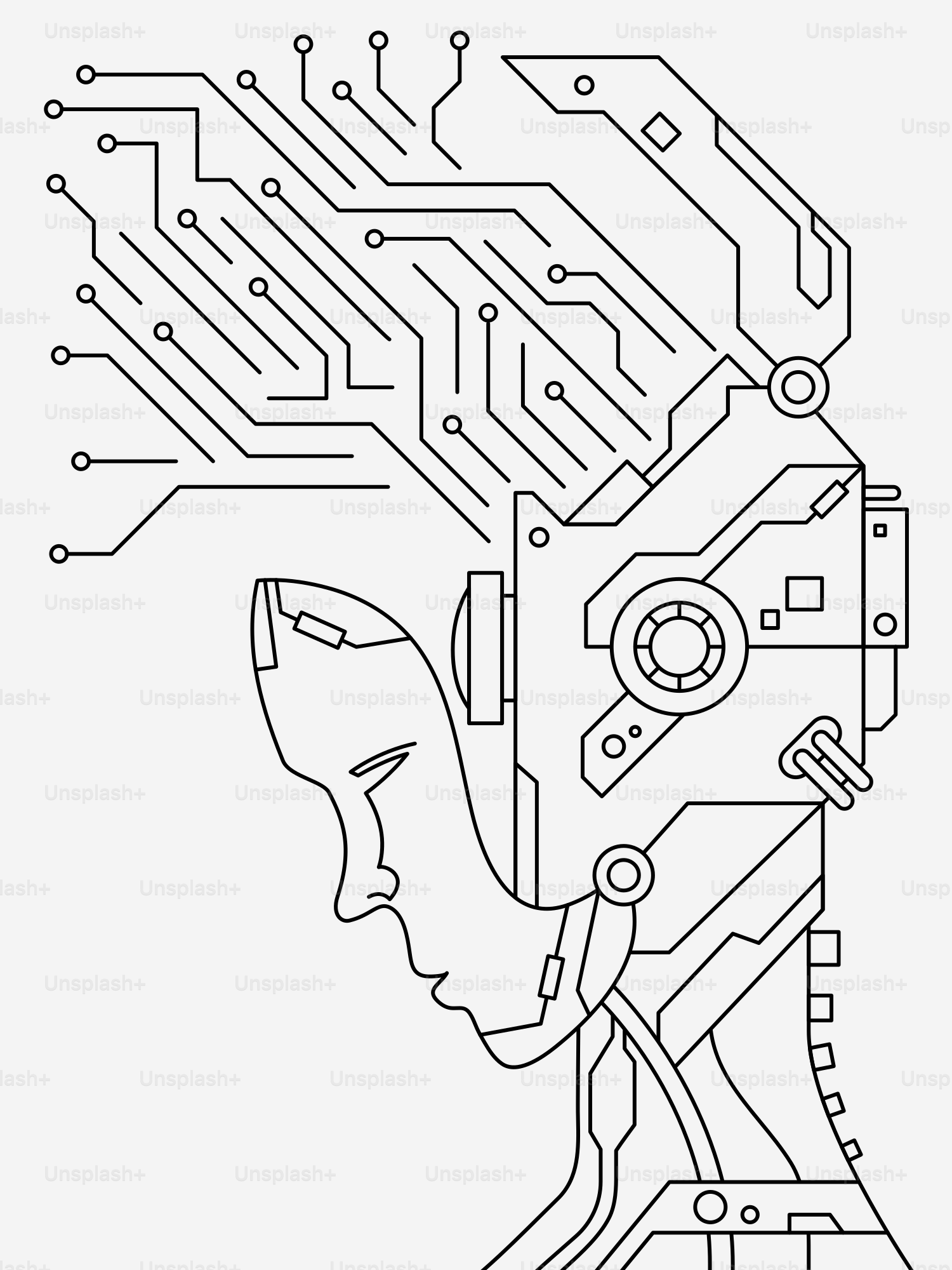 Abstract outline of a robotic head with circuitry