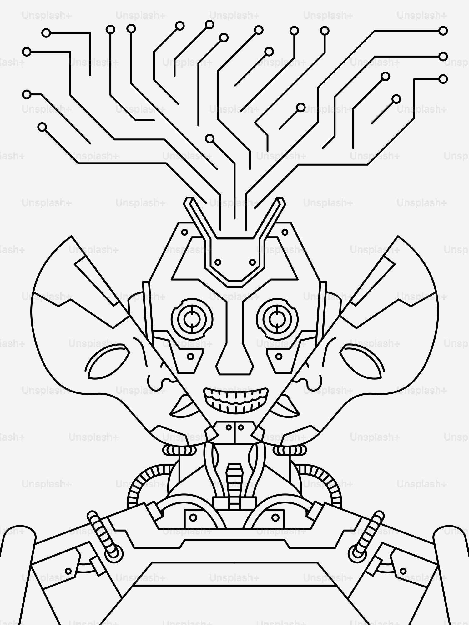 Robot dengan kepala papan sirkuit dan beberapa wajah