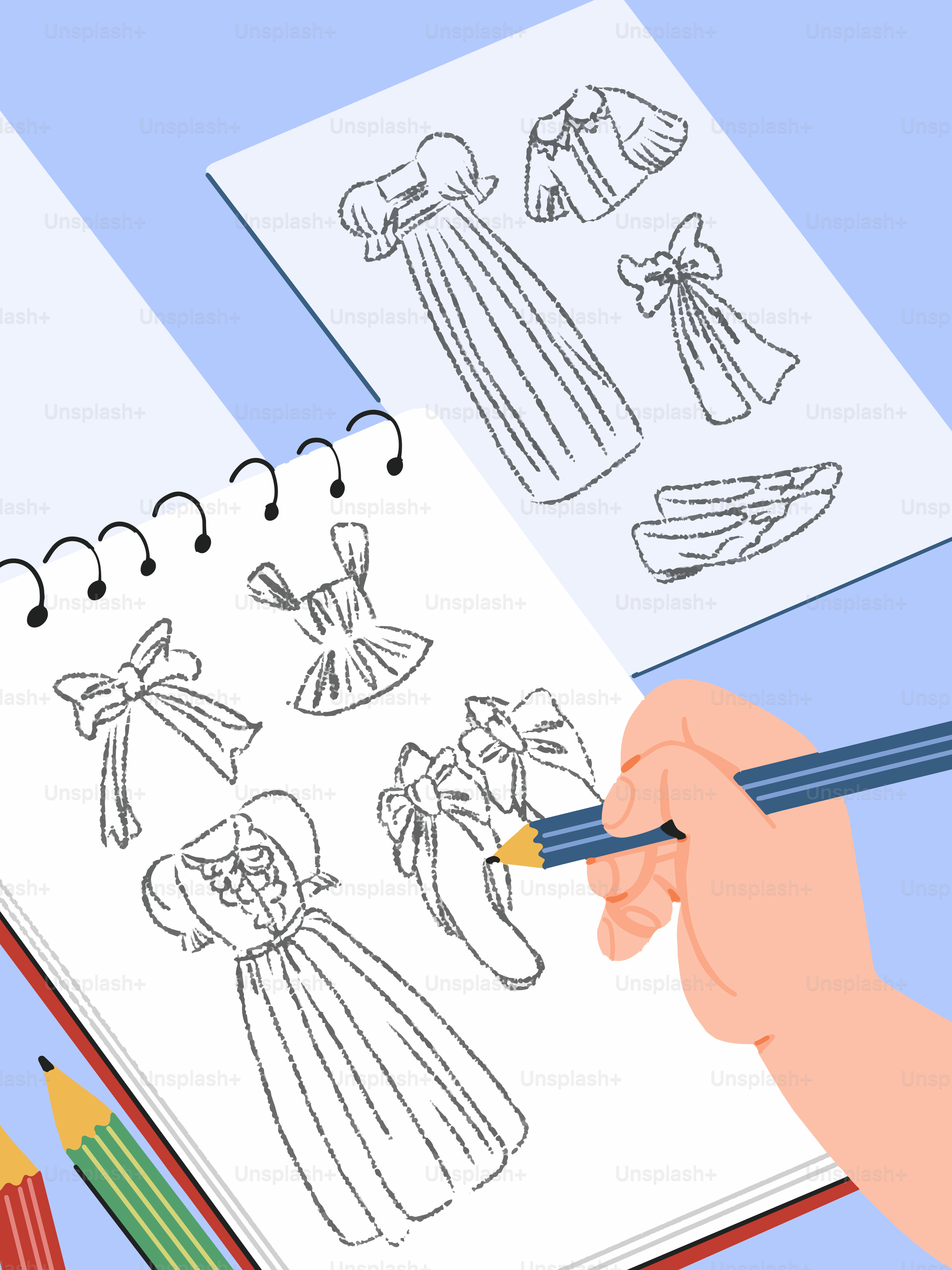 Desenhando esboços de moda à mão em um caderno em espiral