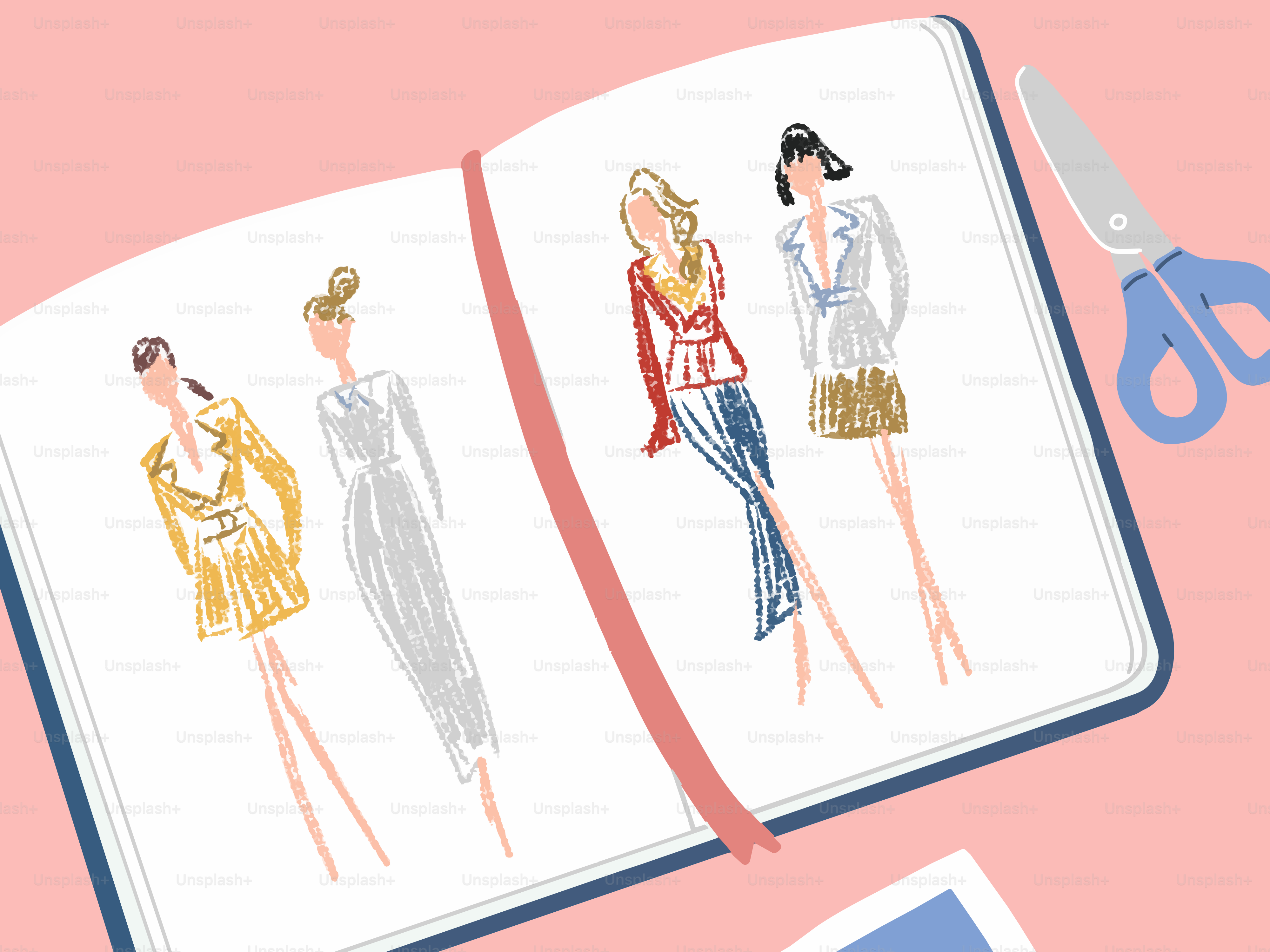 Abra o caderno de desenhos com ilustrações de moda de mulheres e tesoura