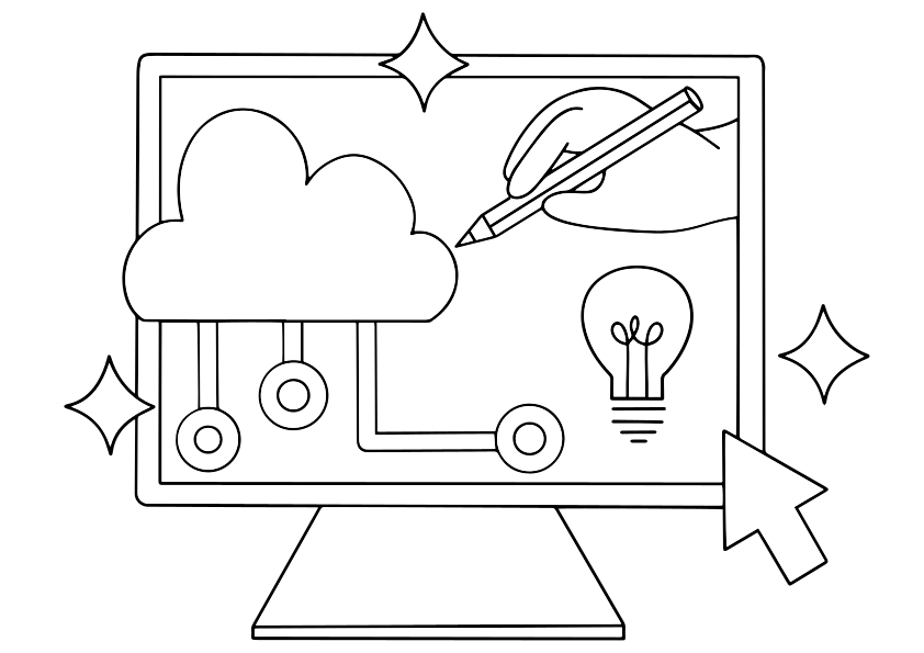 Desenho manual de nuvem e lâmpada na tela do computador