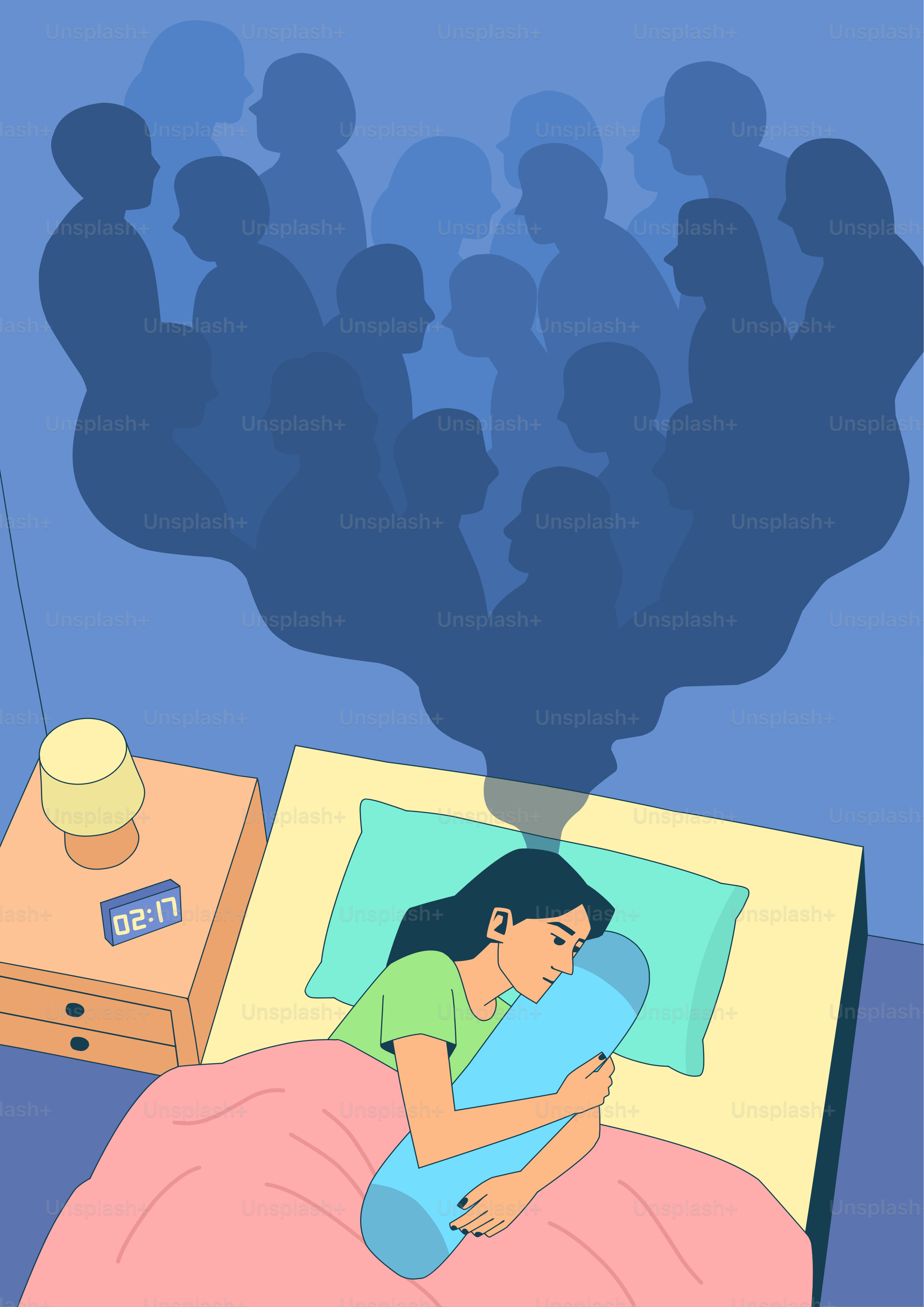 Mujer durmiendo en la cama, con siluetas oscuras de personas encima.