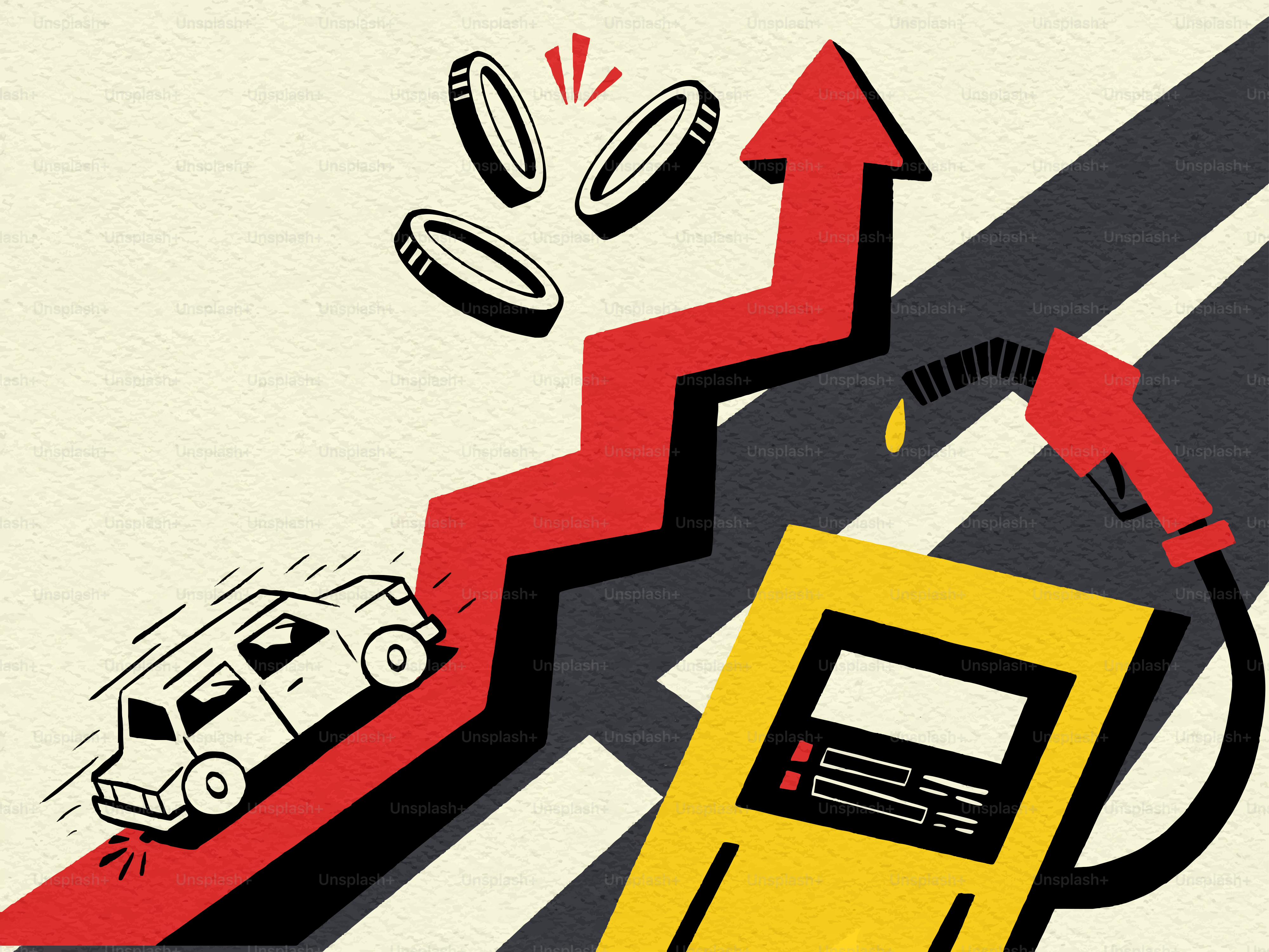 Rising gas prices illustrated with car and fuel pump.
