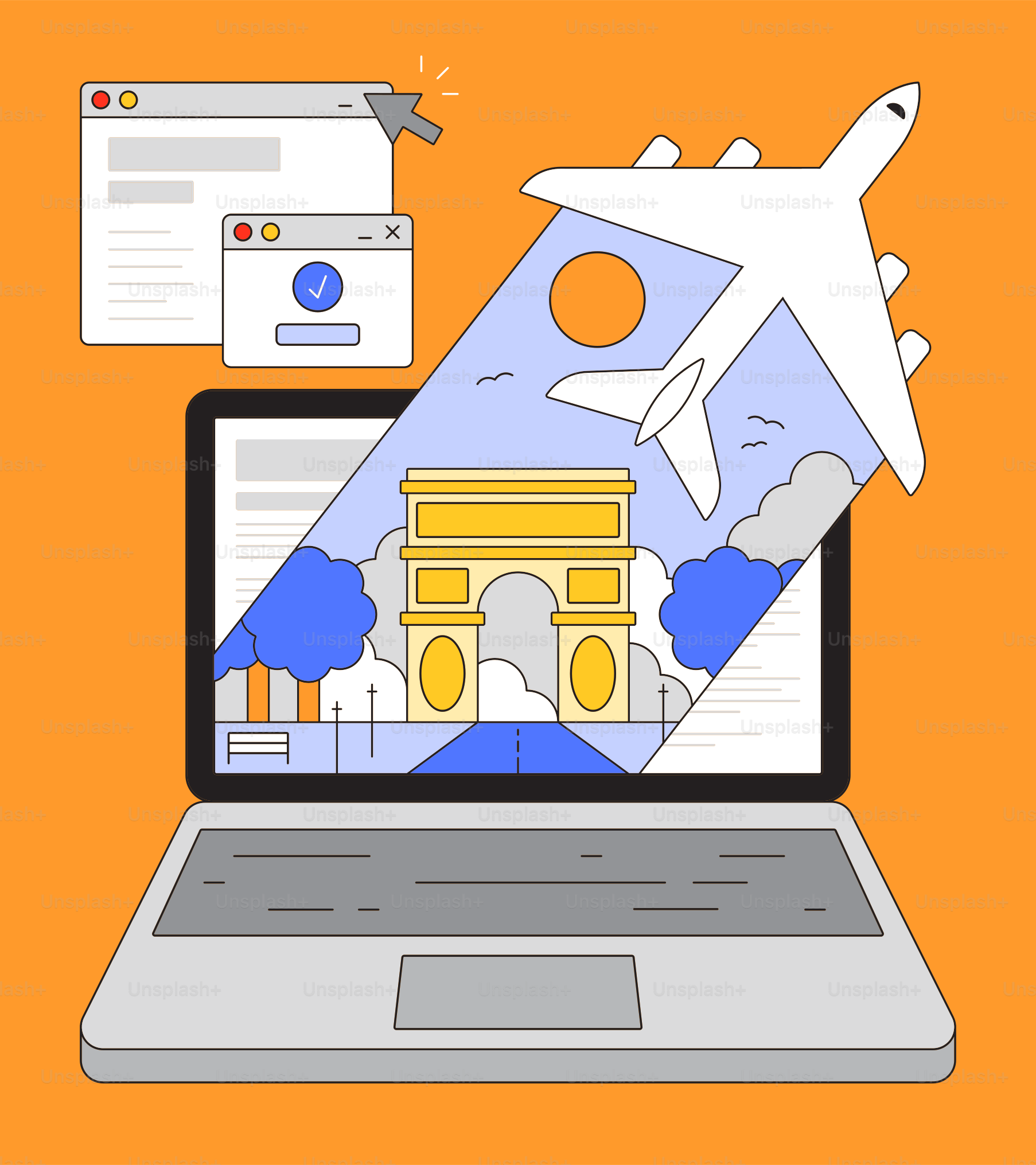 Laptop displaying travel destinations with airplane flying overhead.