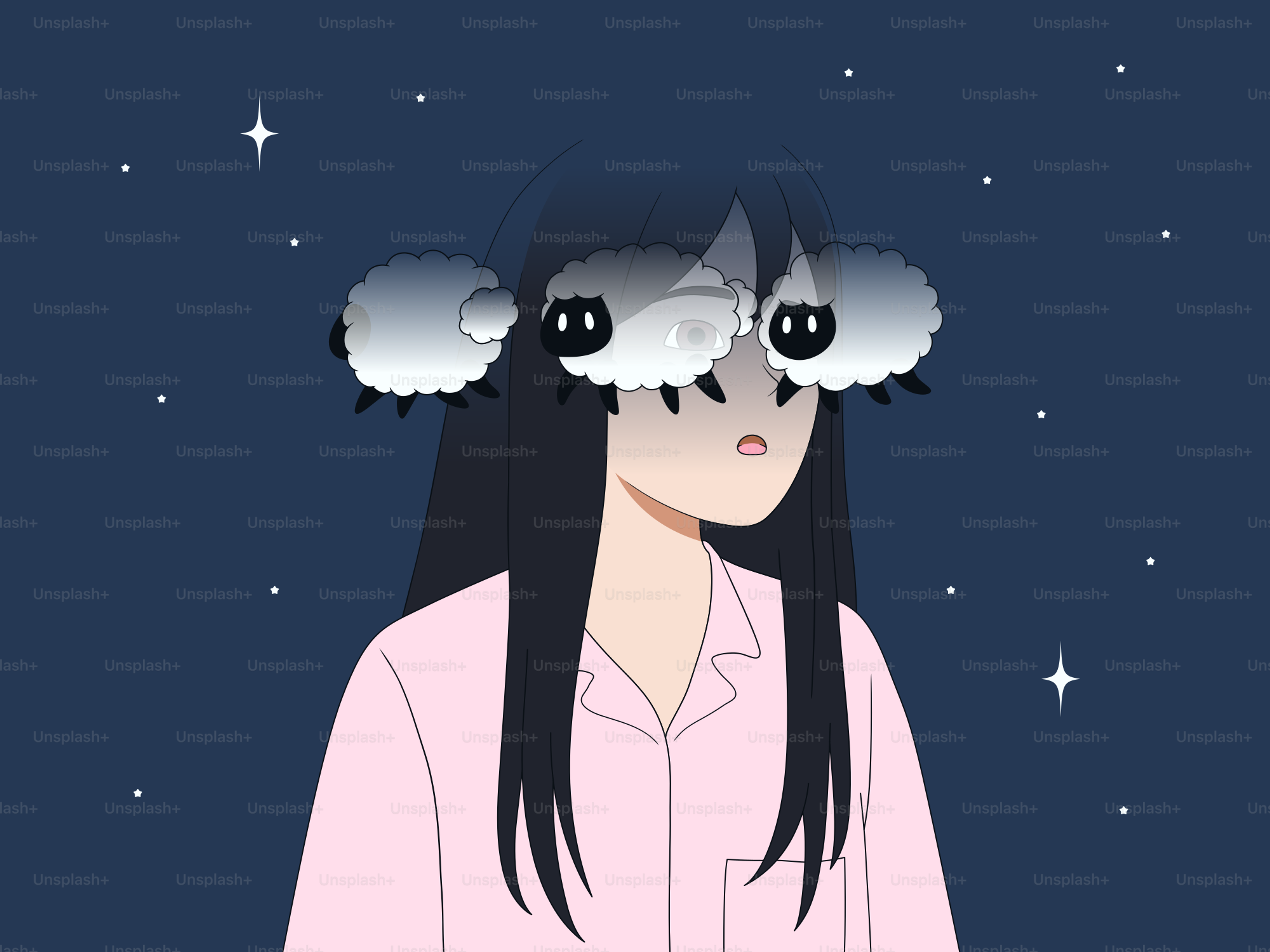 Woman with sheep eyes under starry night sky