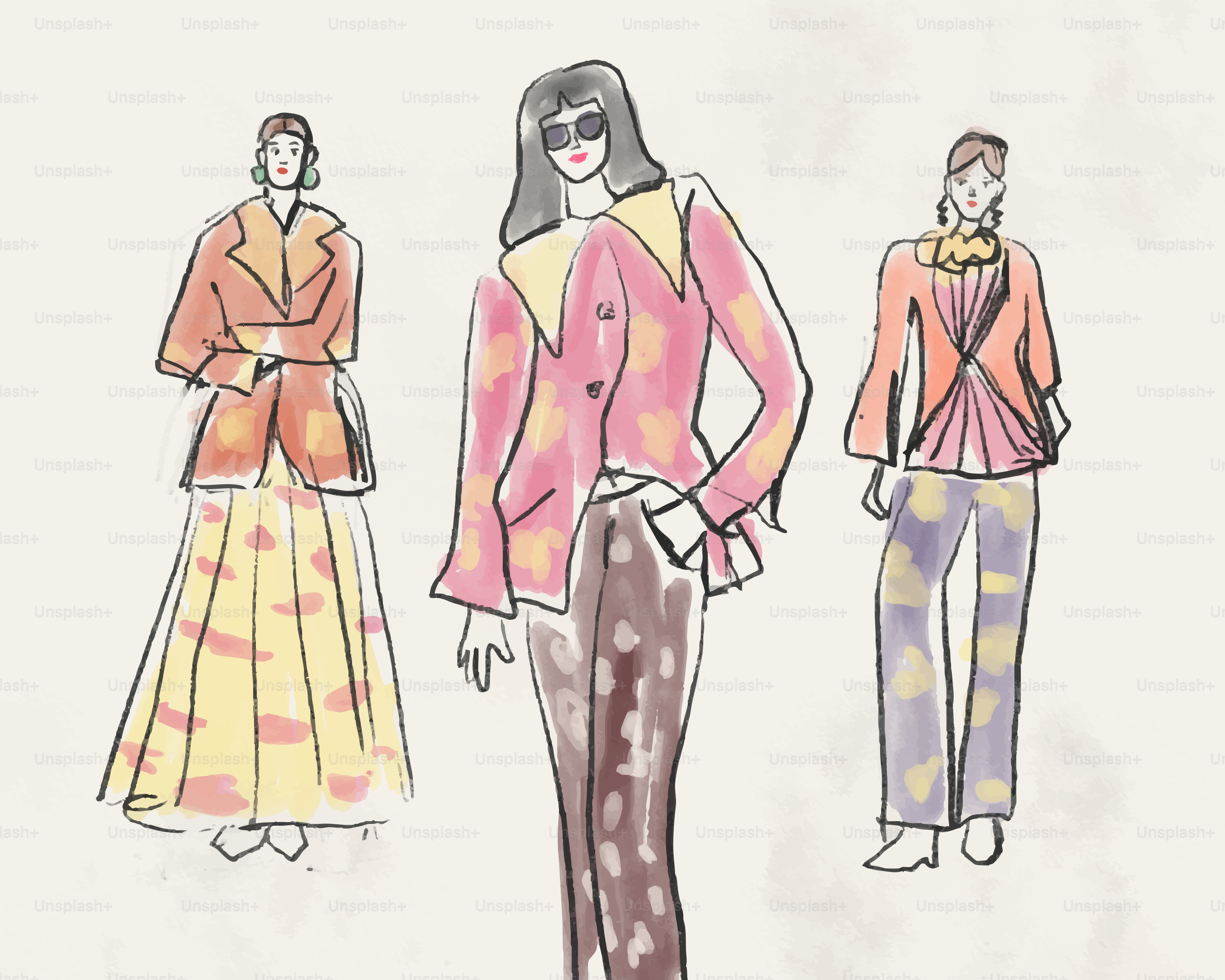 Três ilustrações de moda de mulheres com roupas coloridas.