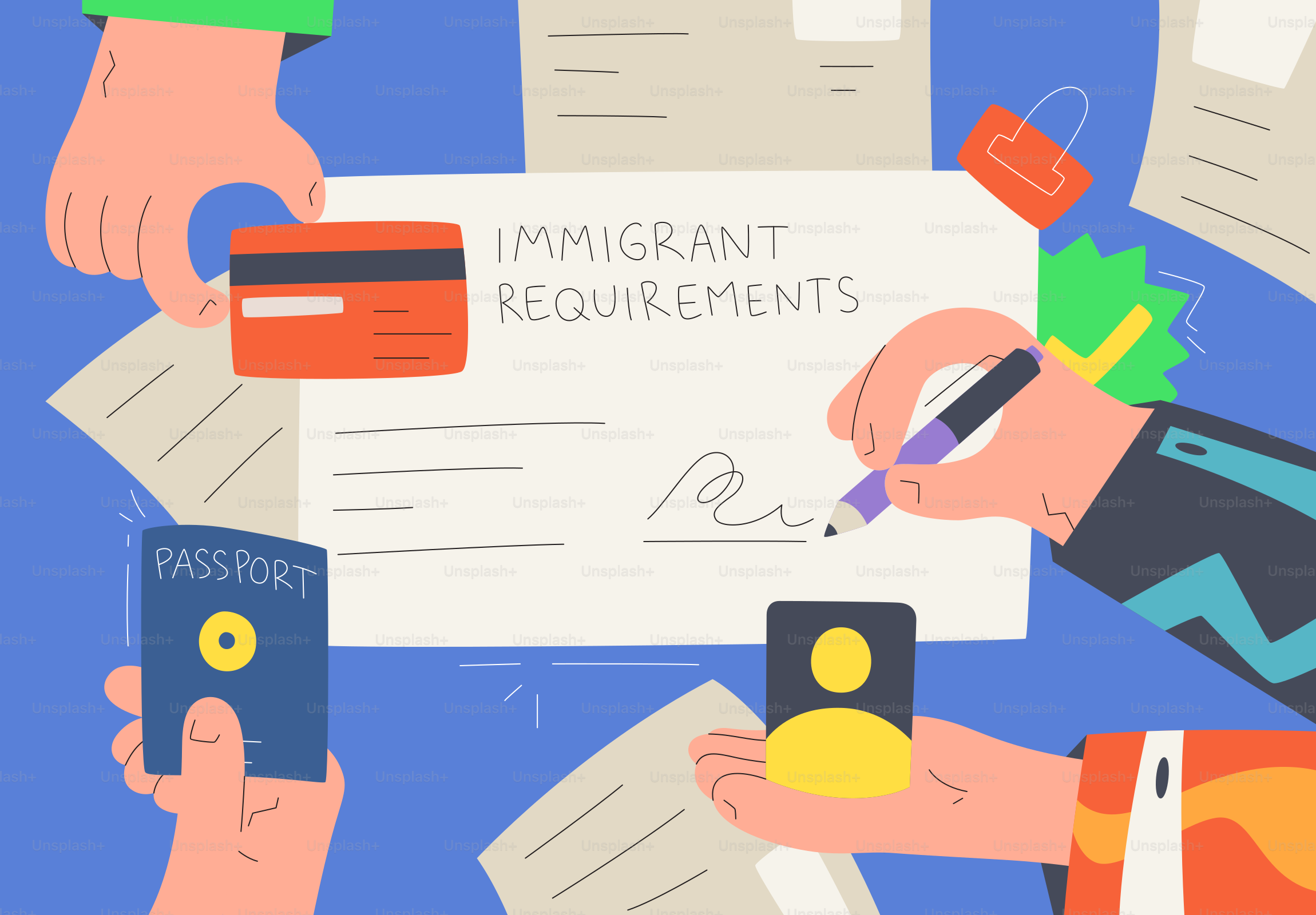 Manos firmando el documento de requisitos de inmigrante con pasaporte y tarjeta de crédito.