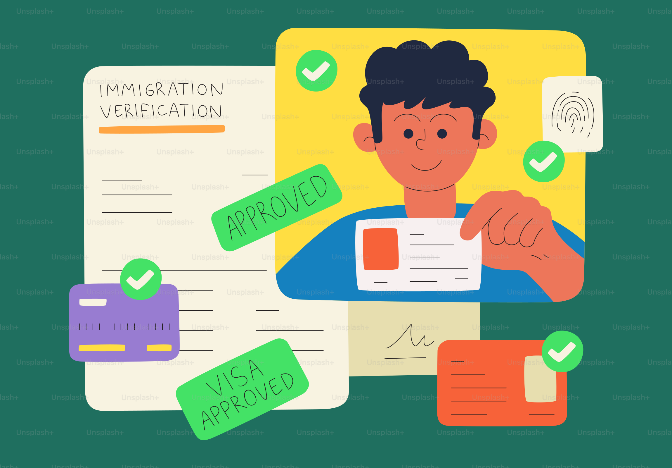 Verificación de inmigración, visado aprobado y documentos de identificación.