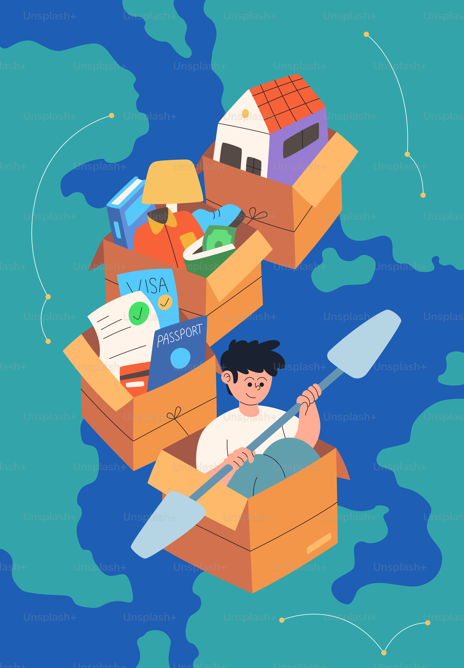 Hombre moviendo cajas con pertenencias en un mapa