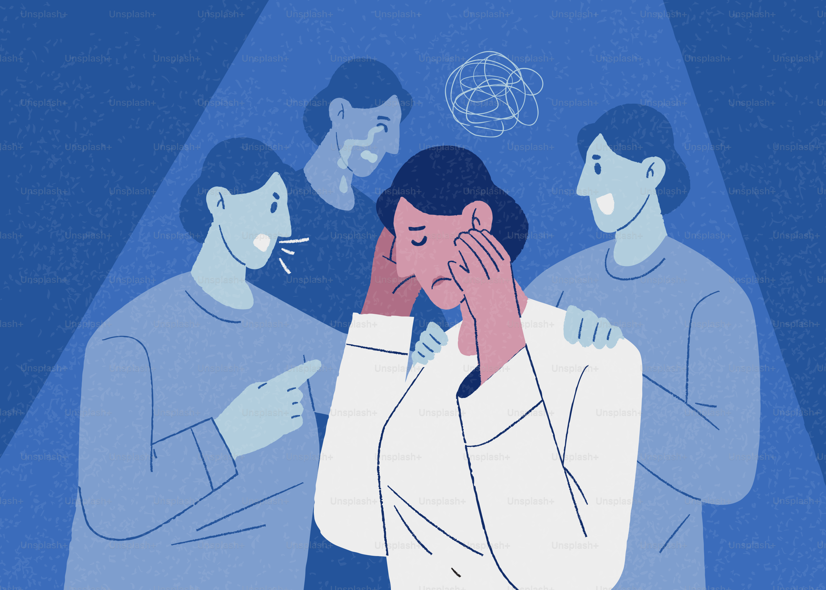 주변의 판단하는 인물들에 압도된 여성