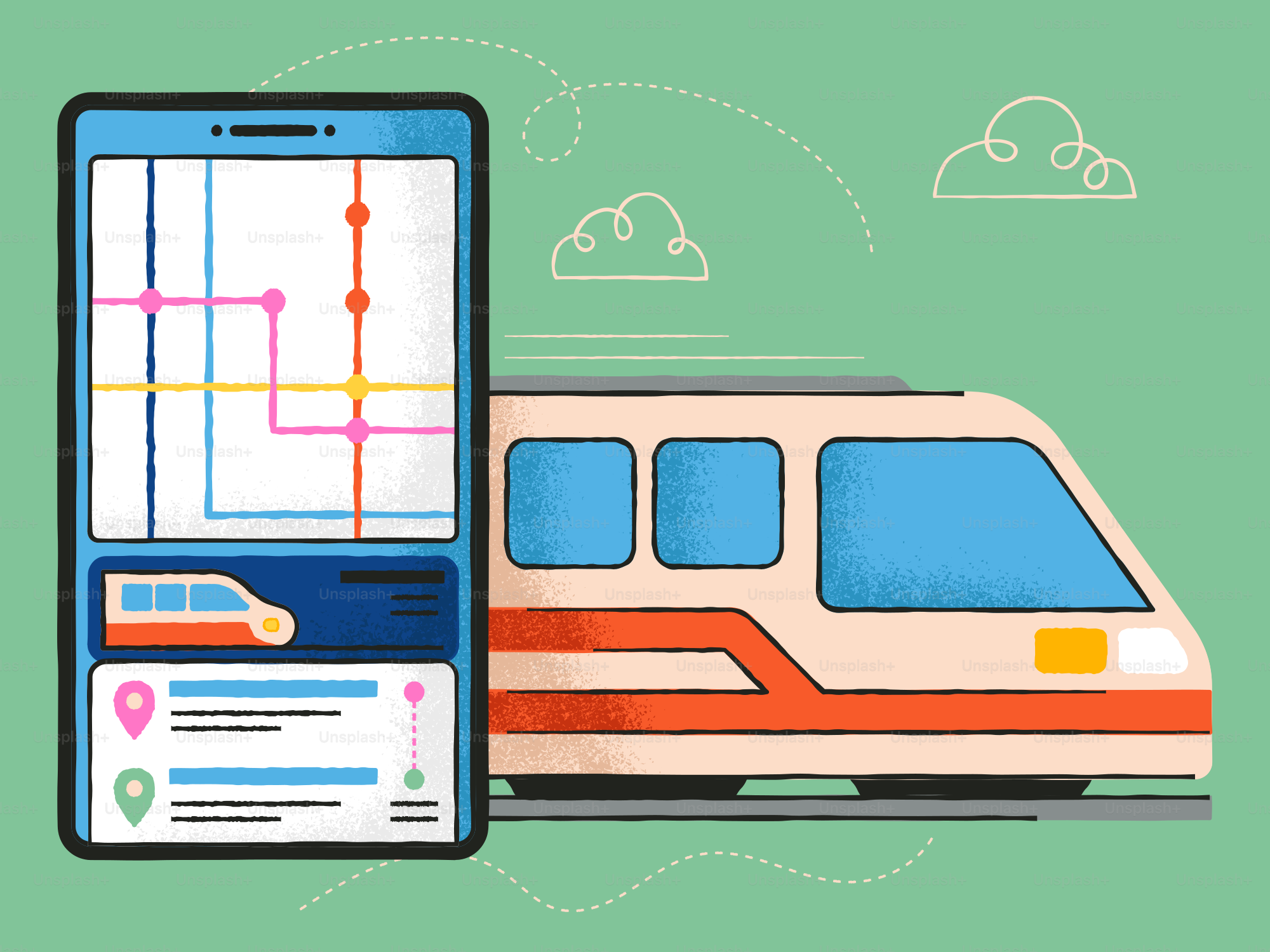 Smartphone exibindo o mapa do trem ao lado de um trem em movimento