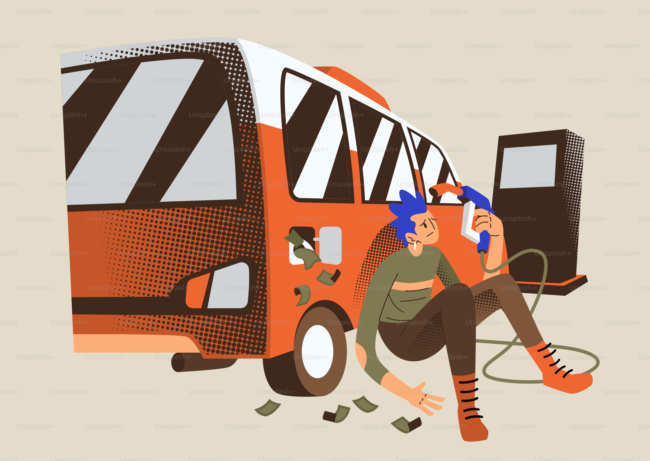 Person fueling an orange bus at a gas station.