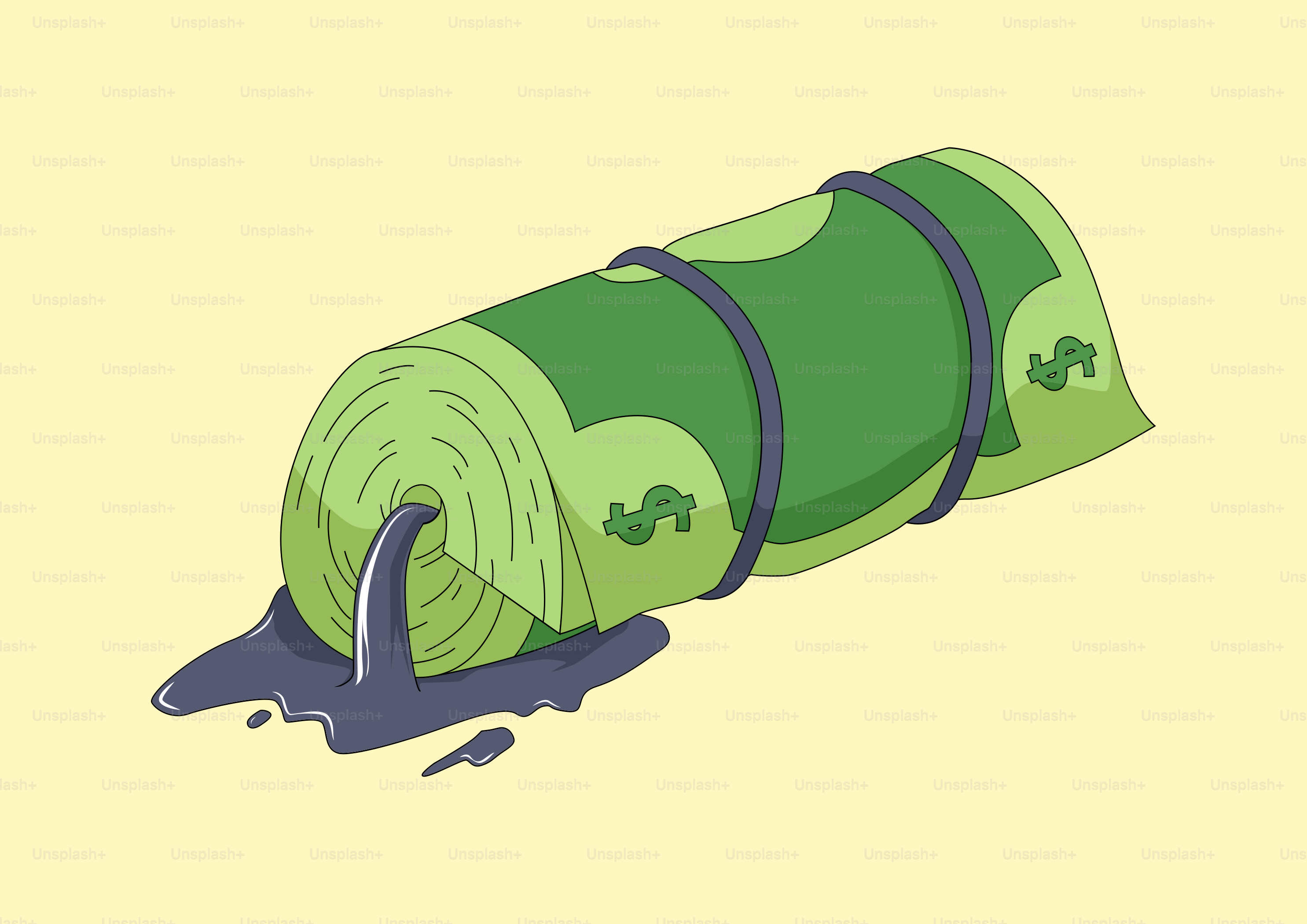 A roll of money with oil leaking out