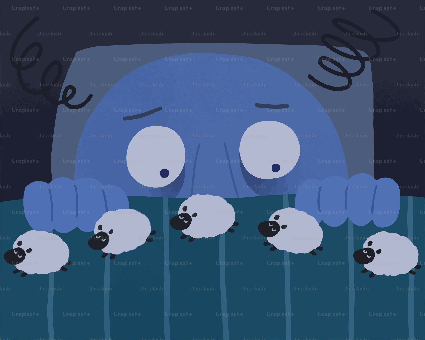Personagem azul preocupado contando cinco ovelhas na cama à noite.