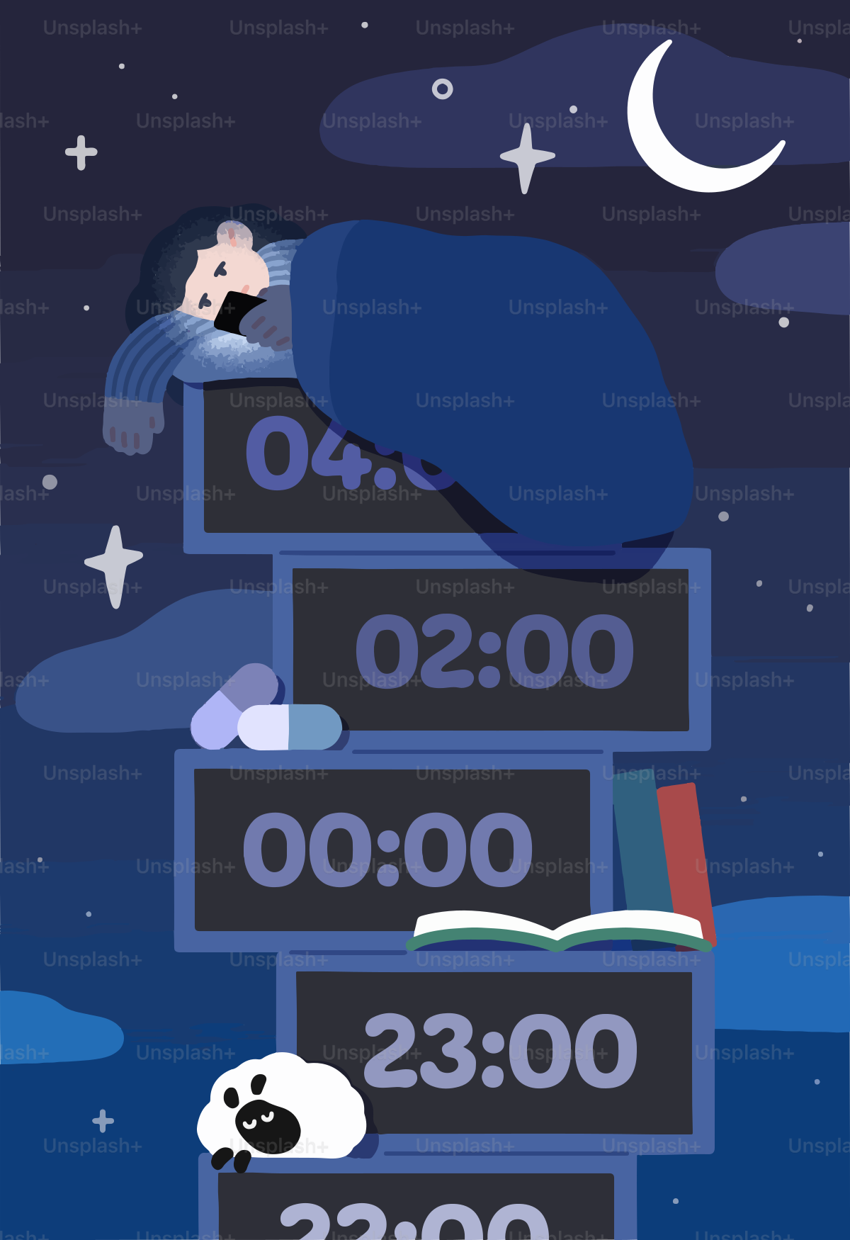 Personne dormant sur une pile de réveils la nuit