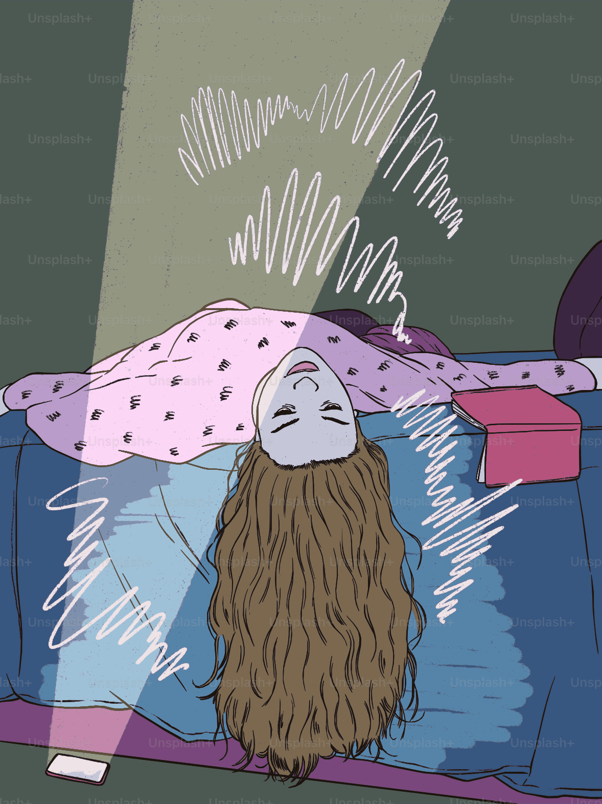 Woman lying on bed with wavy lines above her.